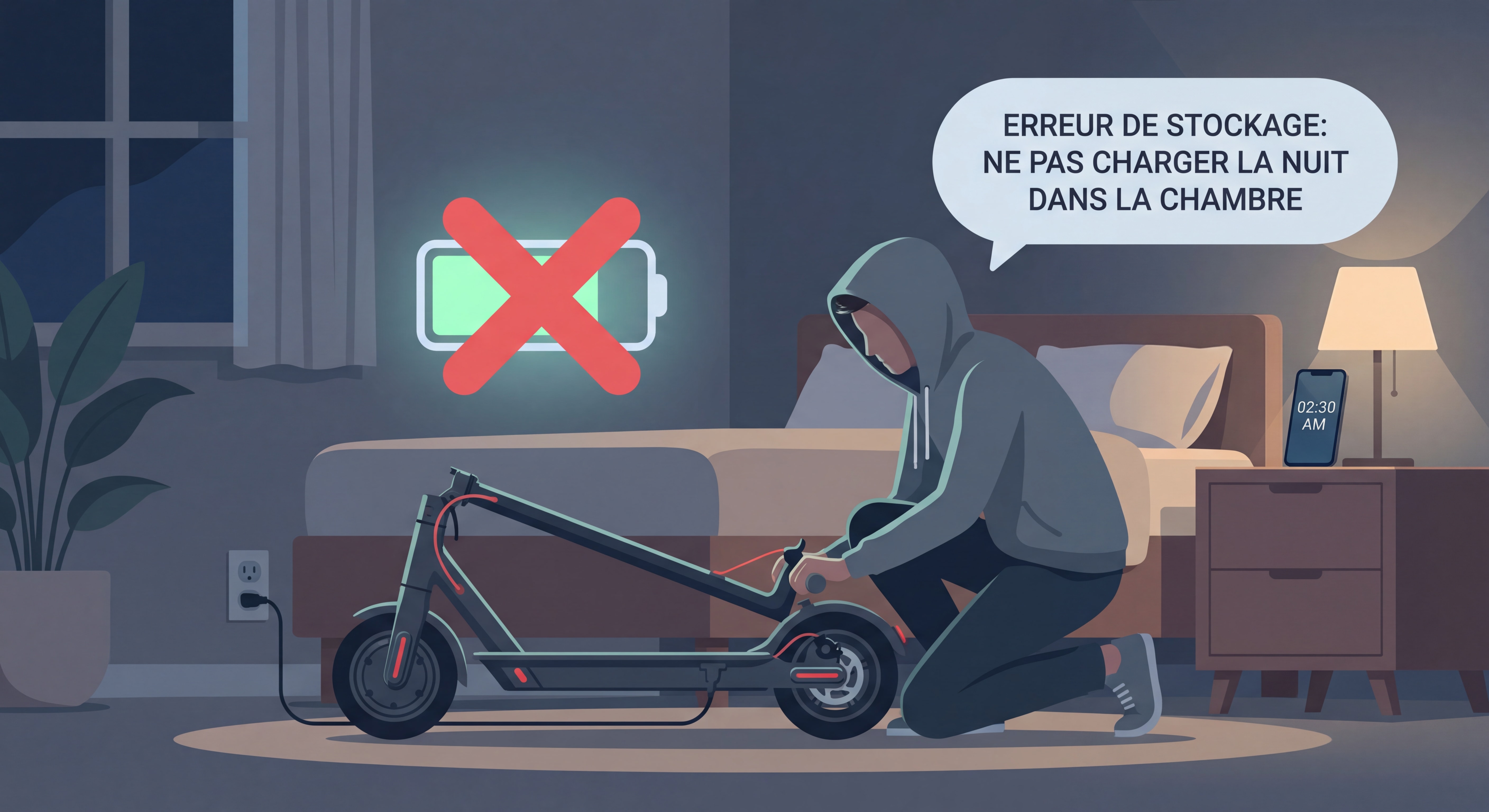 Personne chargeant une trottinette électrique de nuit dans une chambre - erreur commune de stockage batterie lithium VAE