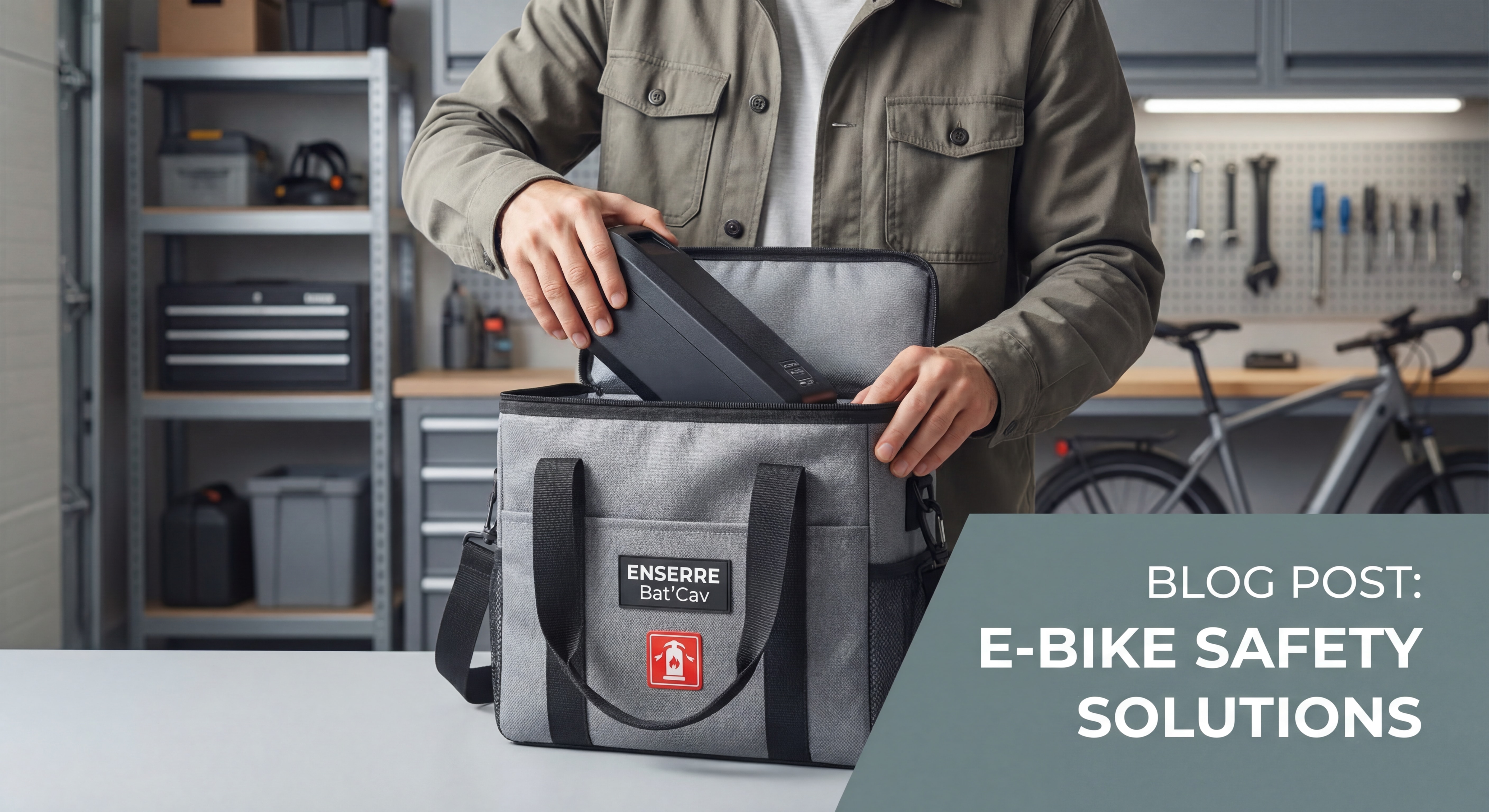 Personne rangeant une batterie de vélo électrique dans une housse ignifugée ENSERRE Bat'Cav dans un garage sécurisé