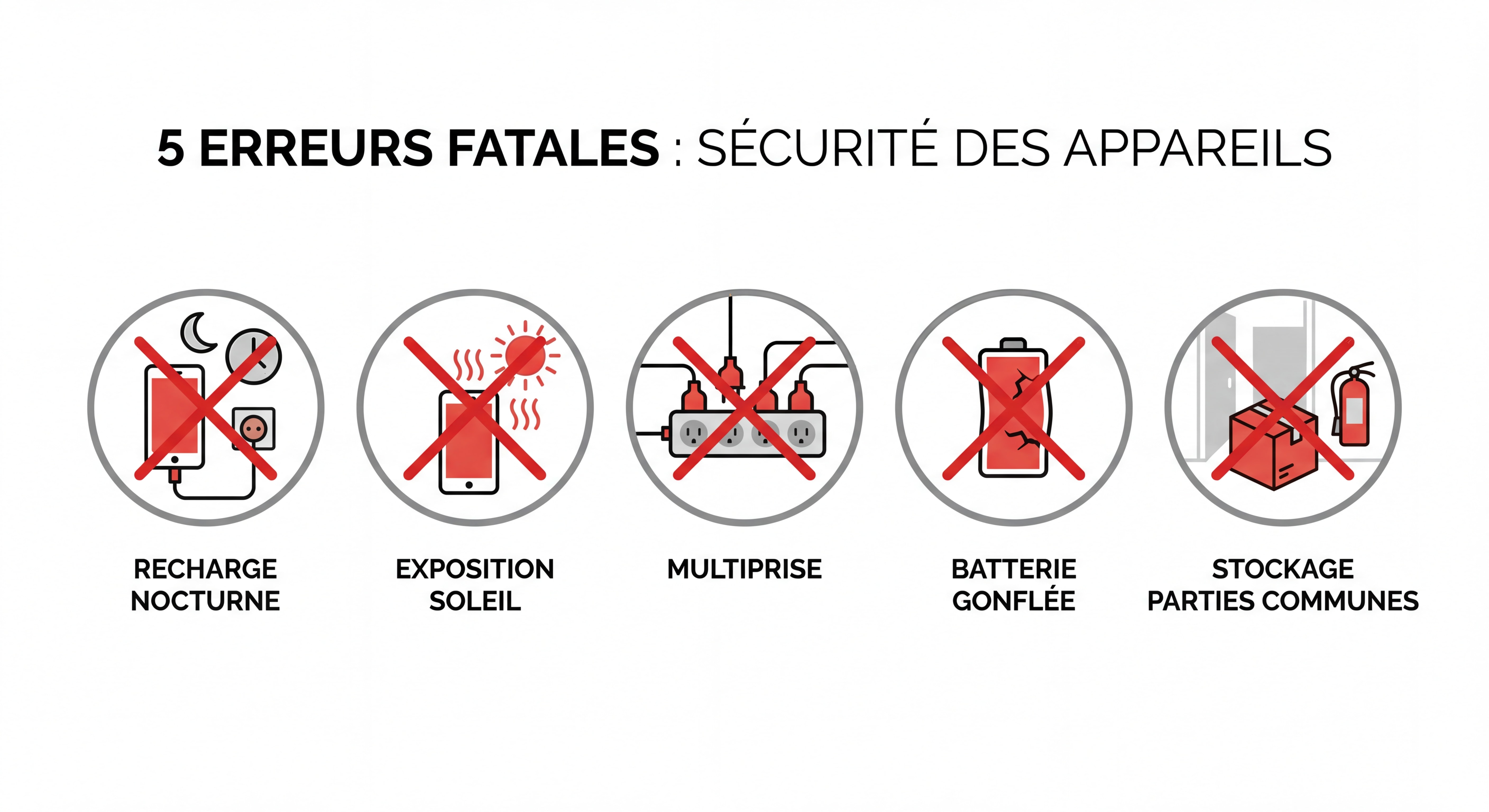 Infographie montrant les 5 erreurs fatales avec des pictogrammes rouges barrés : recharge nocturne, exposition soleil, multiprise, batterie gonflée, stockage parties communes