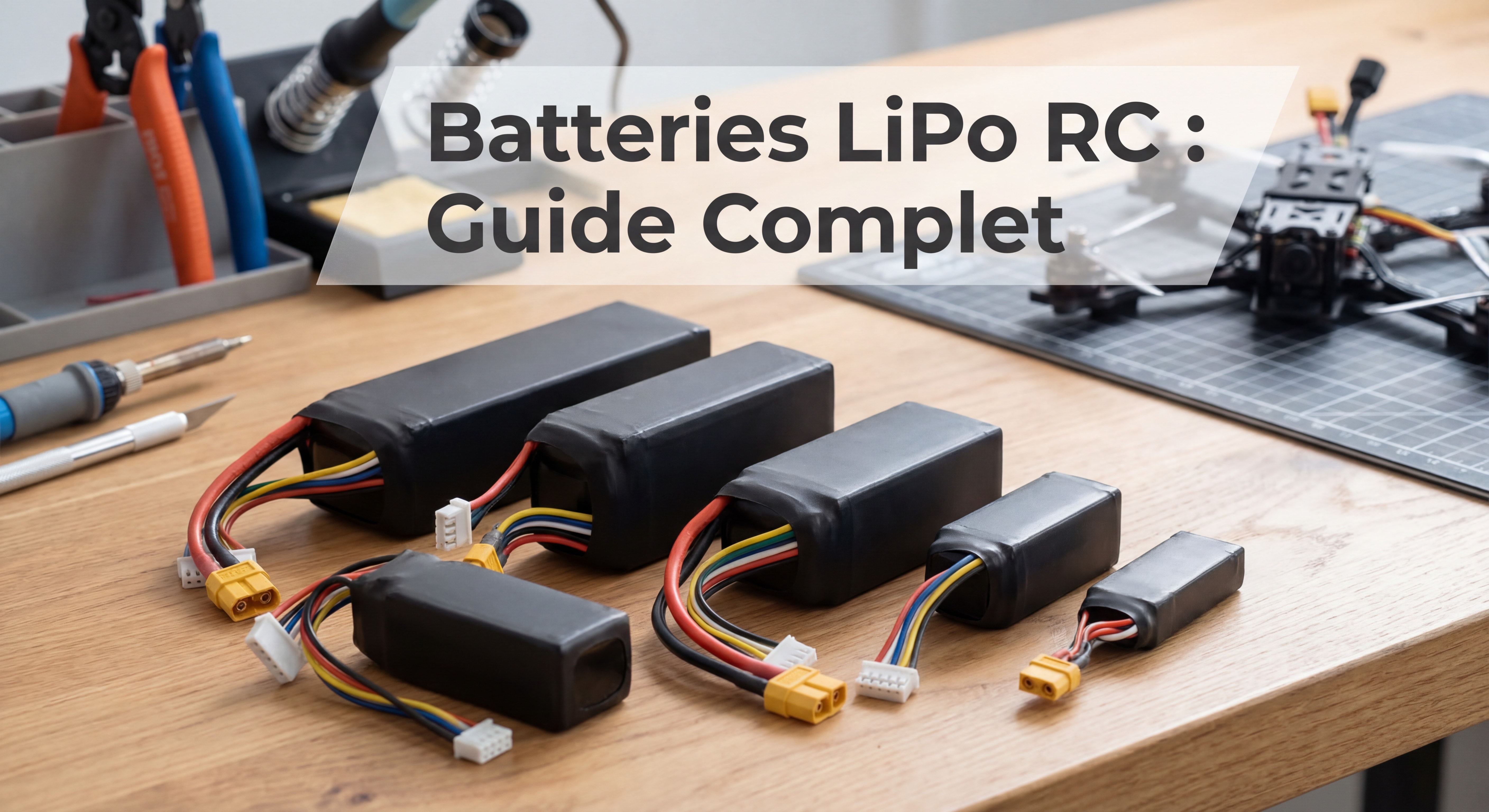 Batteries LiPo RC de différentes tailles avec connecteurs XT60 et câbles d'équilibrage sur établi de modéliste