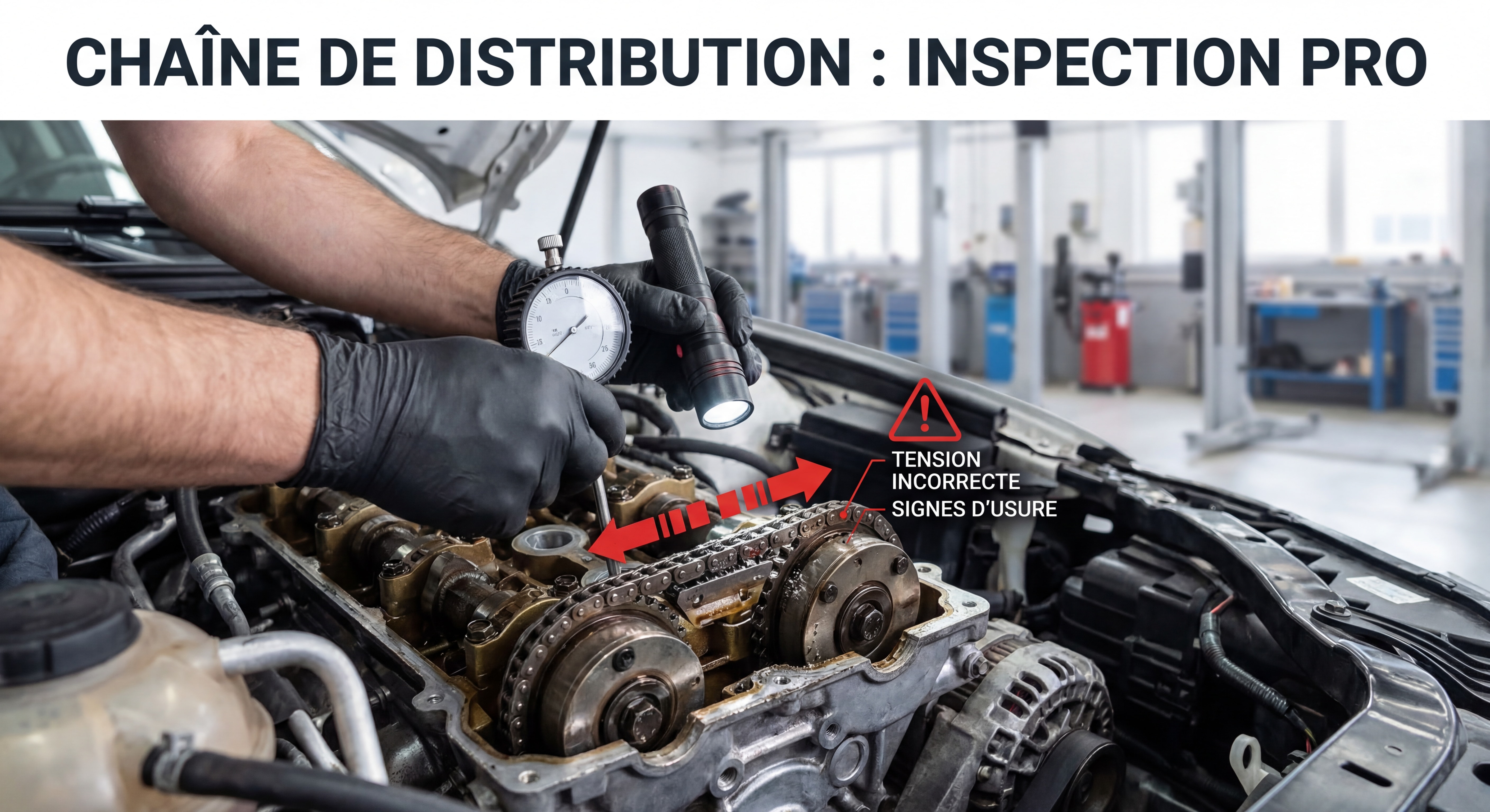 Mécanicien inspectant une chaîne de distribution moteur avec signes d'usure et tension incorrecte