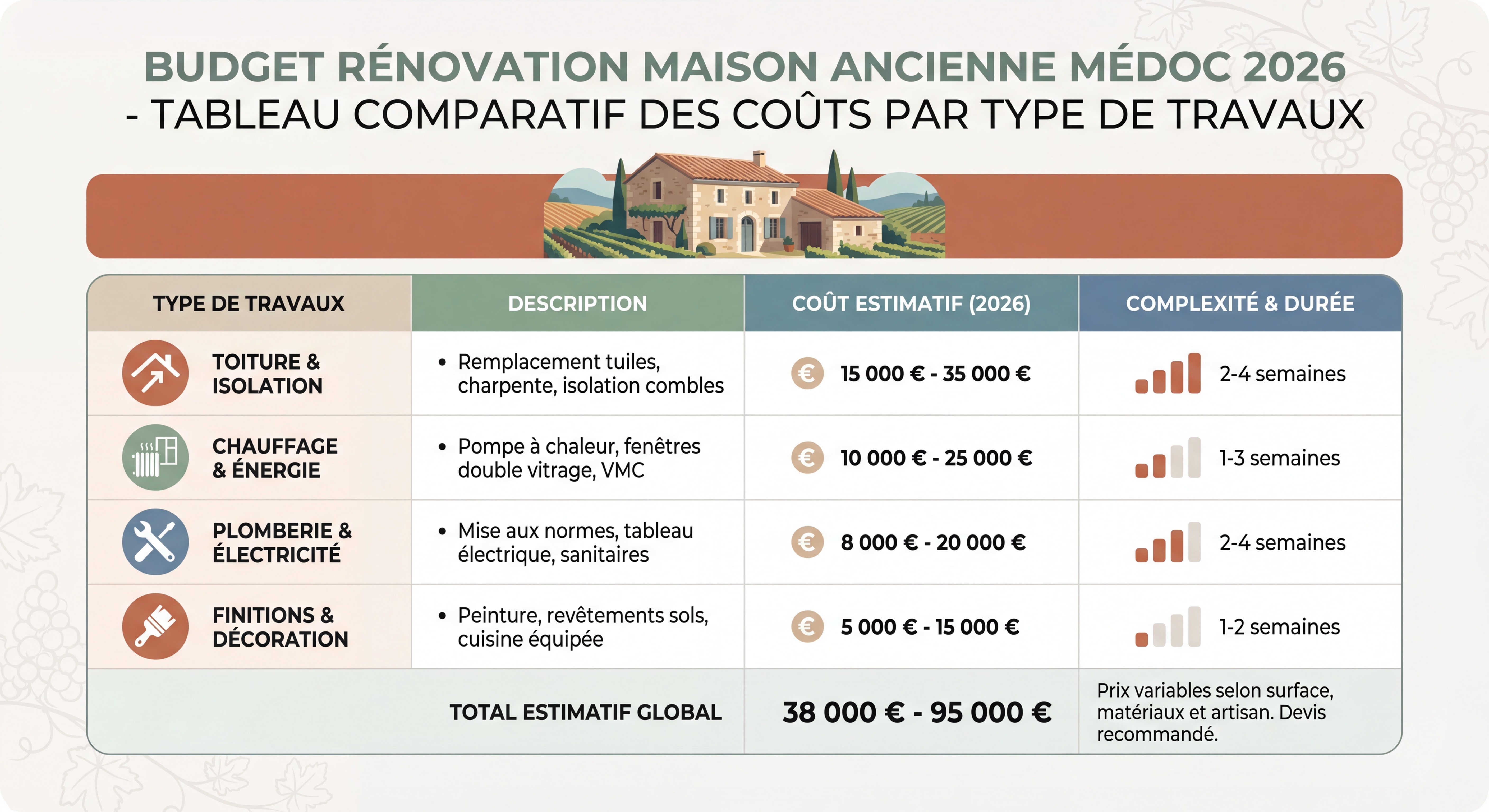 Infographie budget rénovation maison ancienne Médoc 2026 - Tableau comparatif des coûts par type de travaux avec icônes maison vigneronne