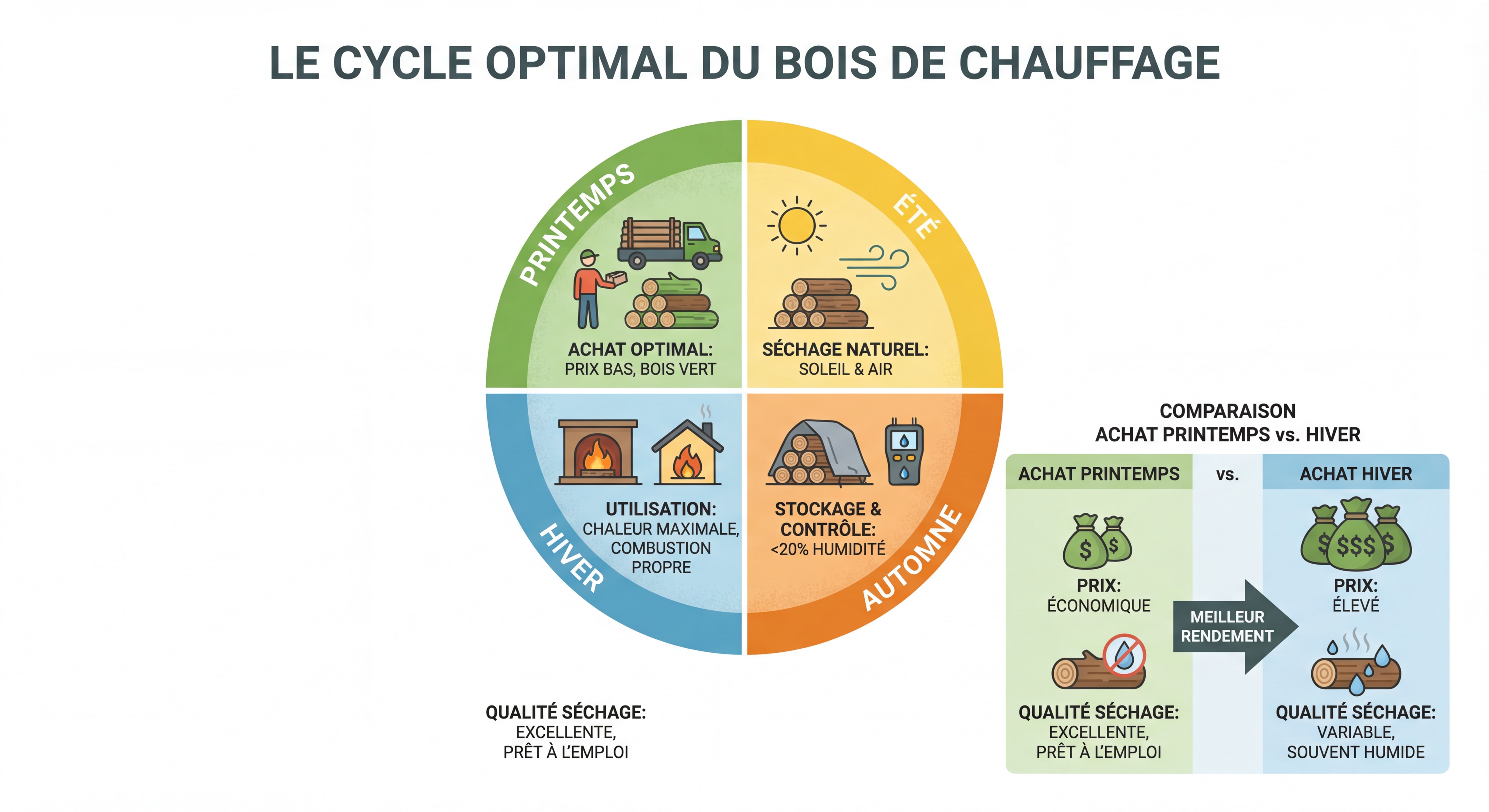 Calendrier illustrant le cycle optimal d'achat du bois de chauffage au printemps pour utilisation en hiver avec comparaison des prix et qualité du séchage
