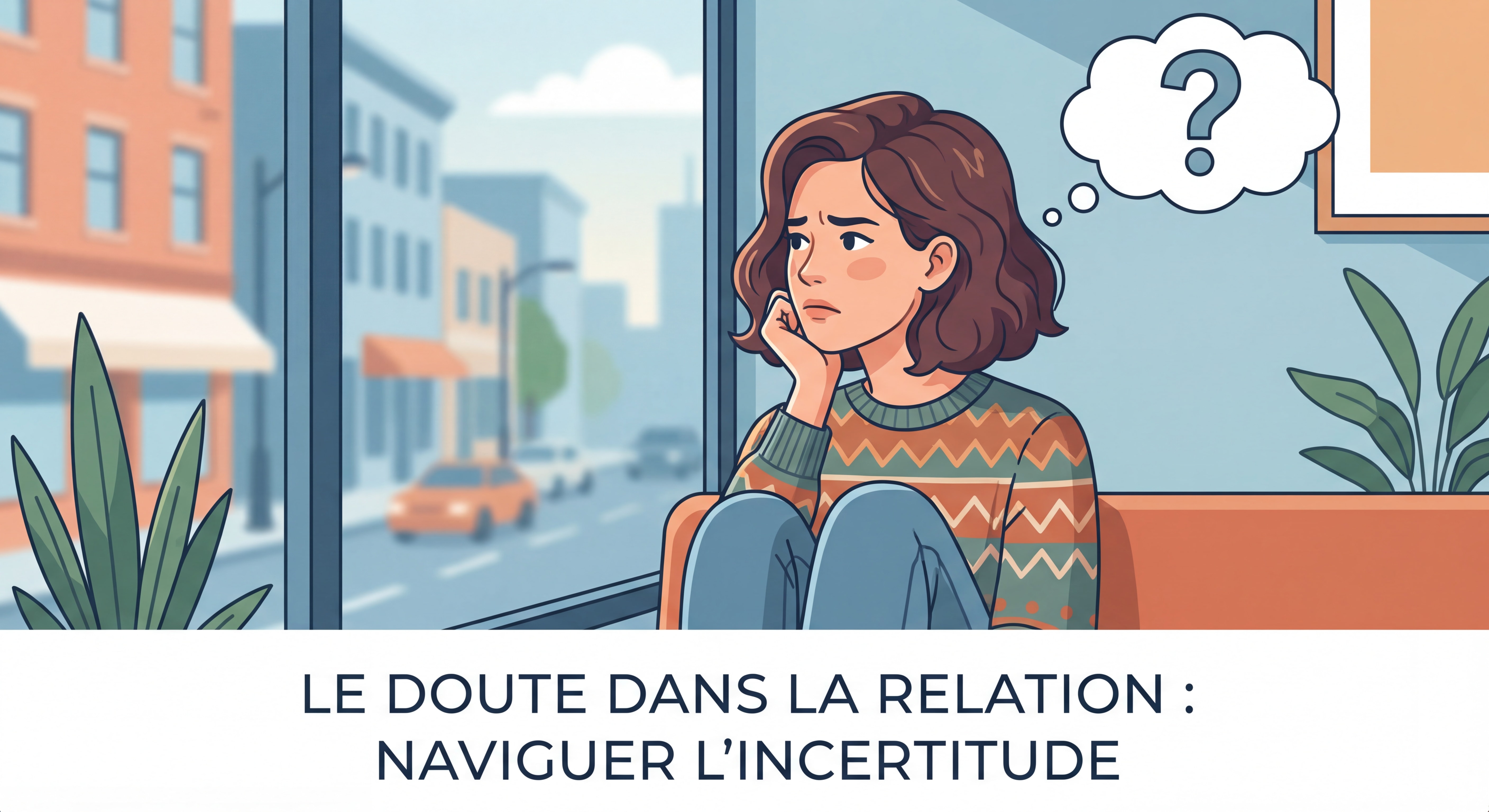 Femme pensive regardant par la fenêtre avec une expression questionnante, illustrant le doute d'être dans une relation toxique