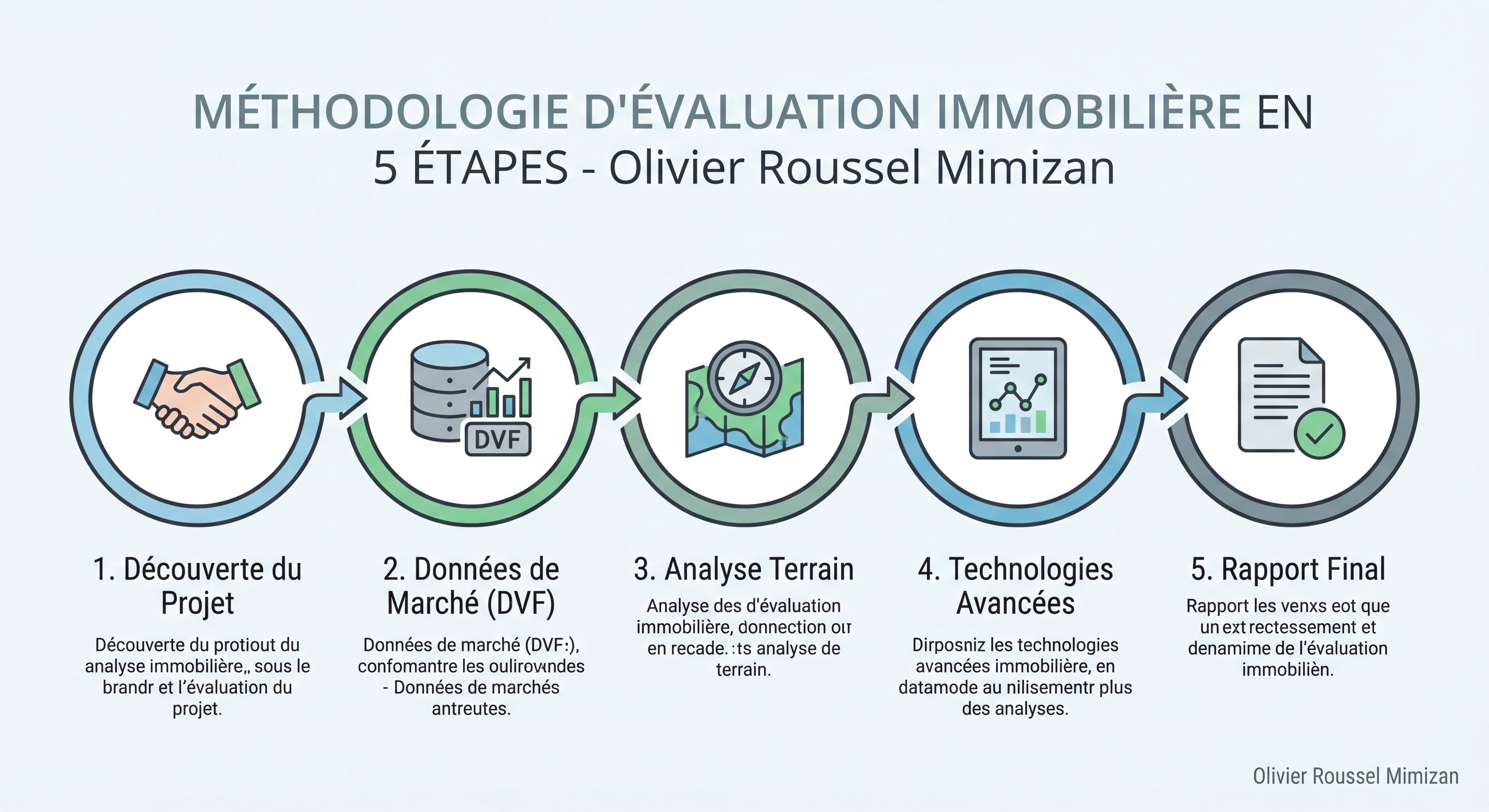 Infographie méthodologie évaluation immobilière en 5 étapes Olivier Roussel Mimizan avec icônes DVF analyse terrain technologies