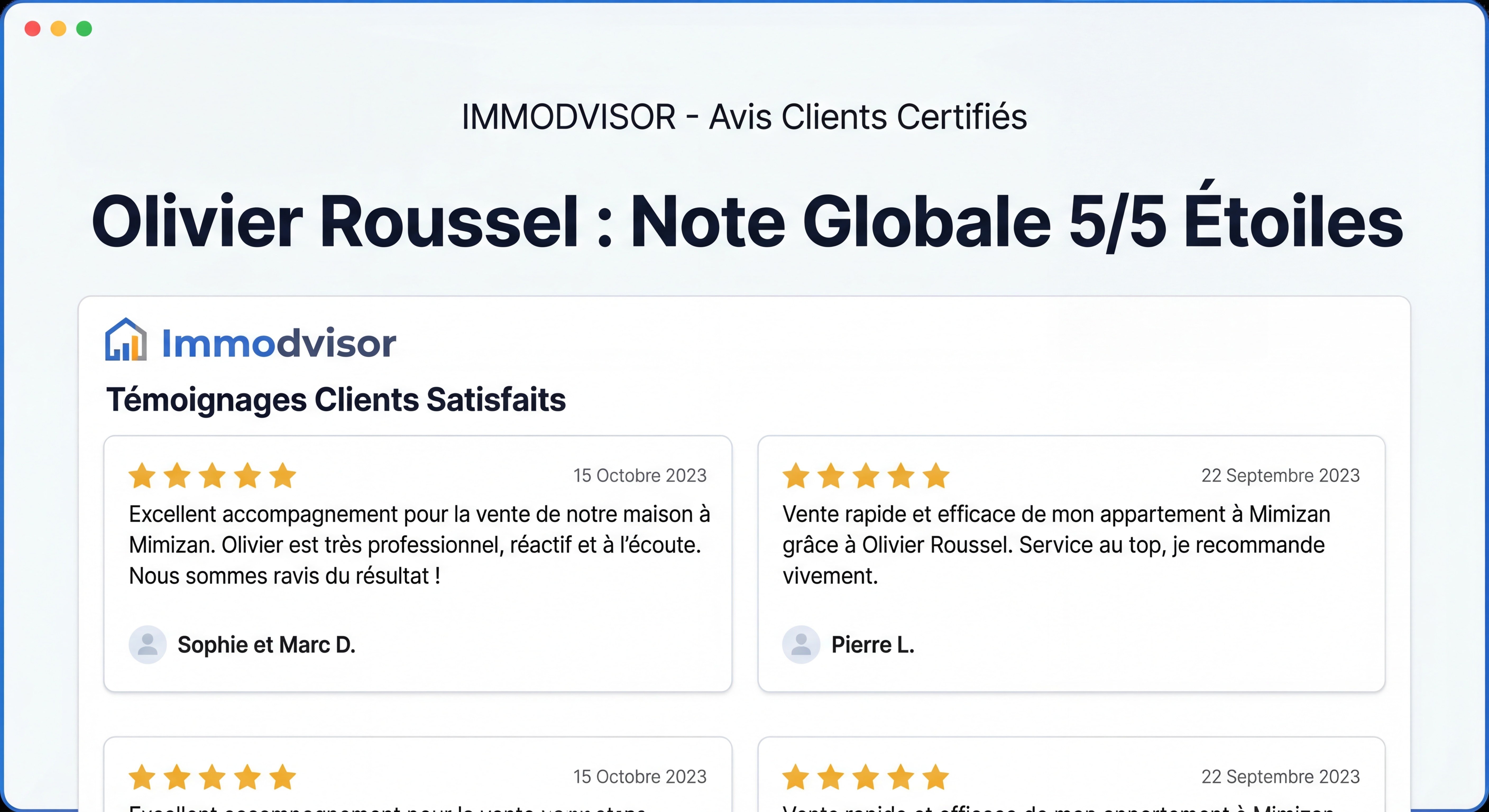 Capture écran avis clients Immodvisor note 5 étoiles Olivier Roussel avec témoignages clients satisfaits vente Mimizan