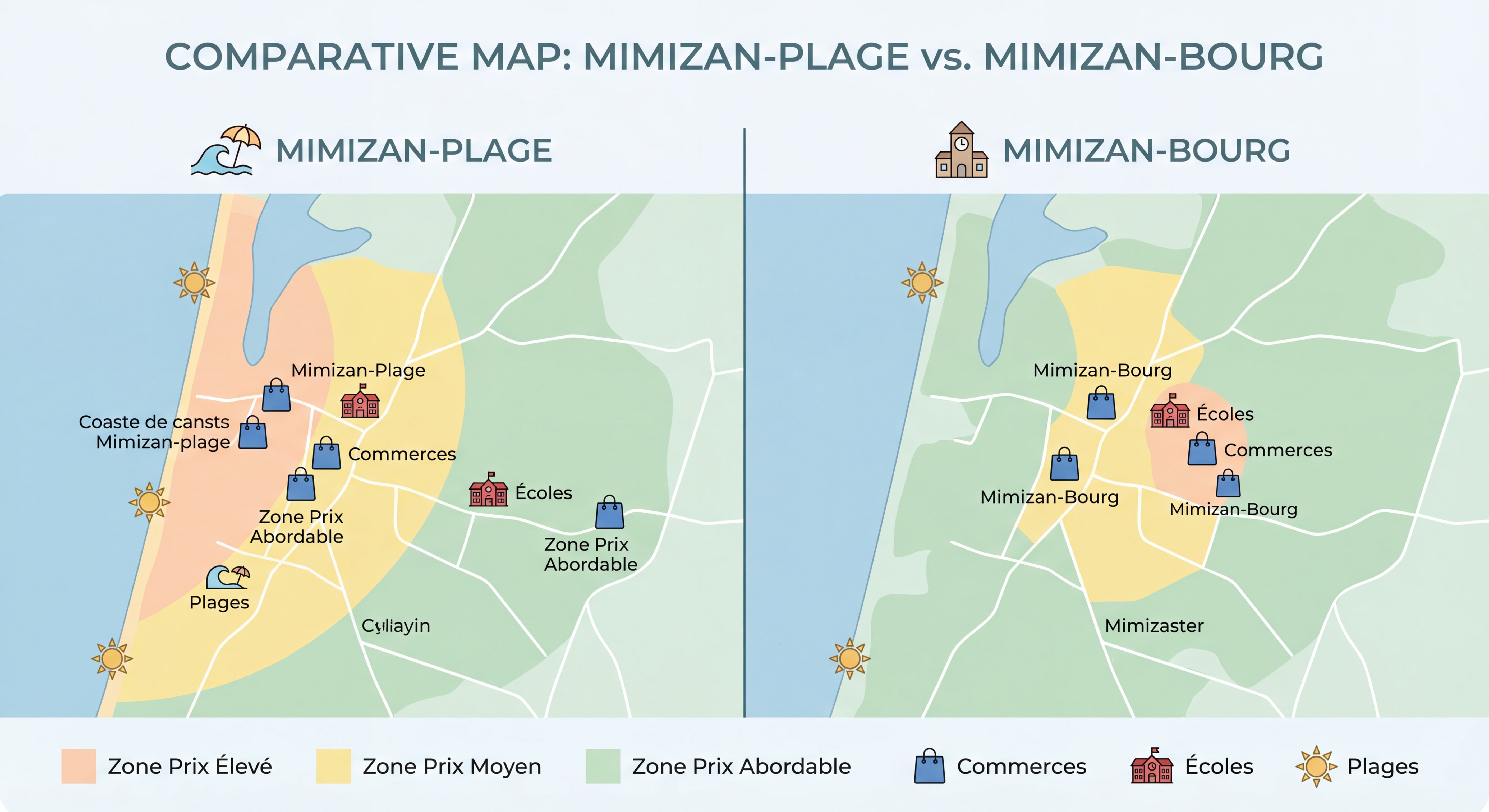 Carte comparative Mimizan-Plage et Mimizan-Bourg avec zones de prix et points d'intérêt commerces écoles plages