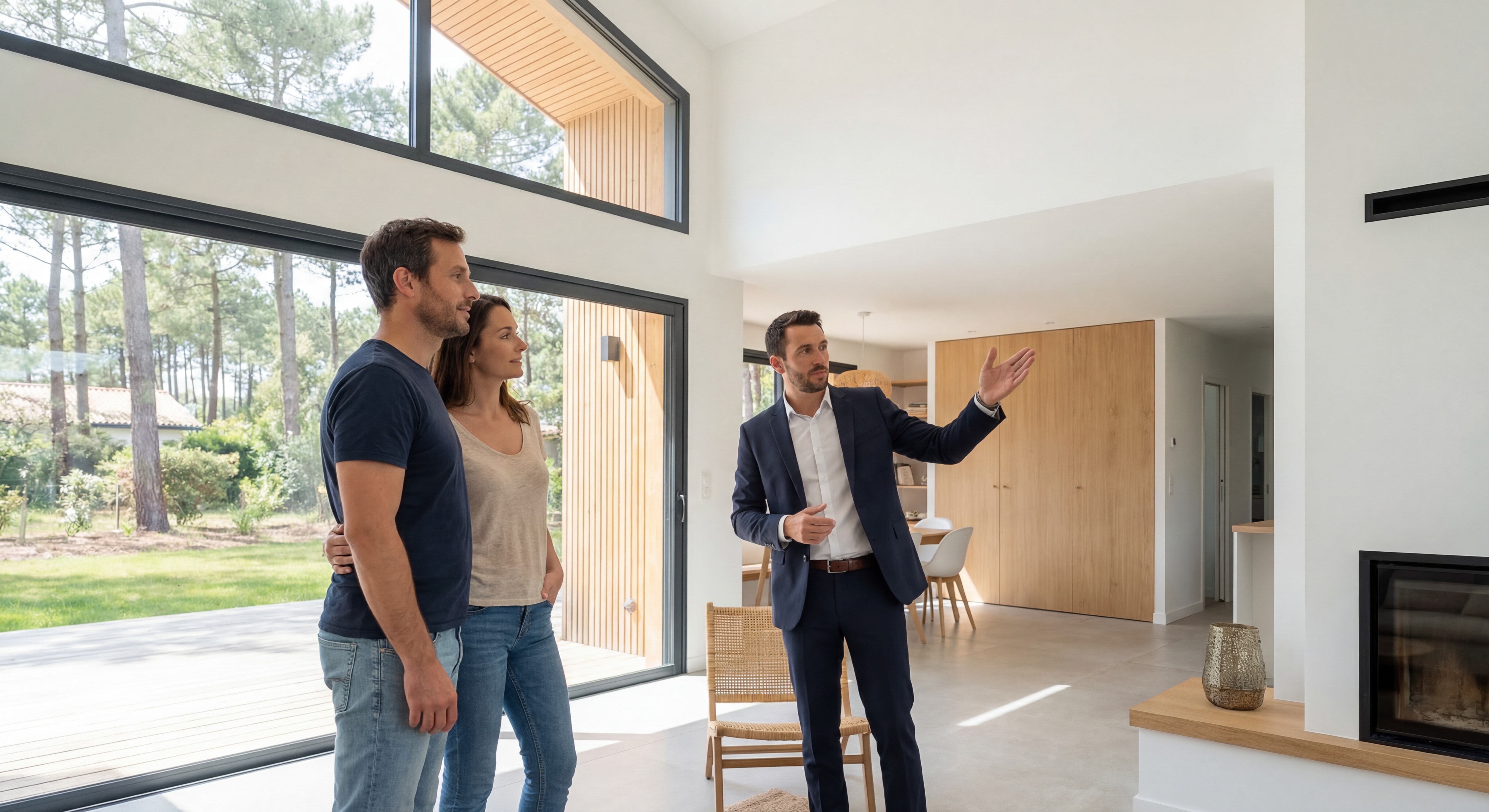 Photo d'une visite immobilière à Mimizan avec un conseiller montrant les détails d'une propriété à des clients