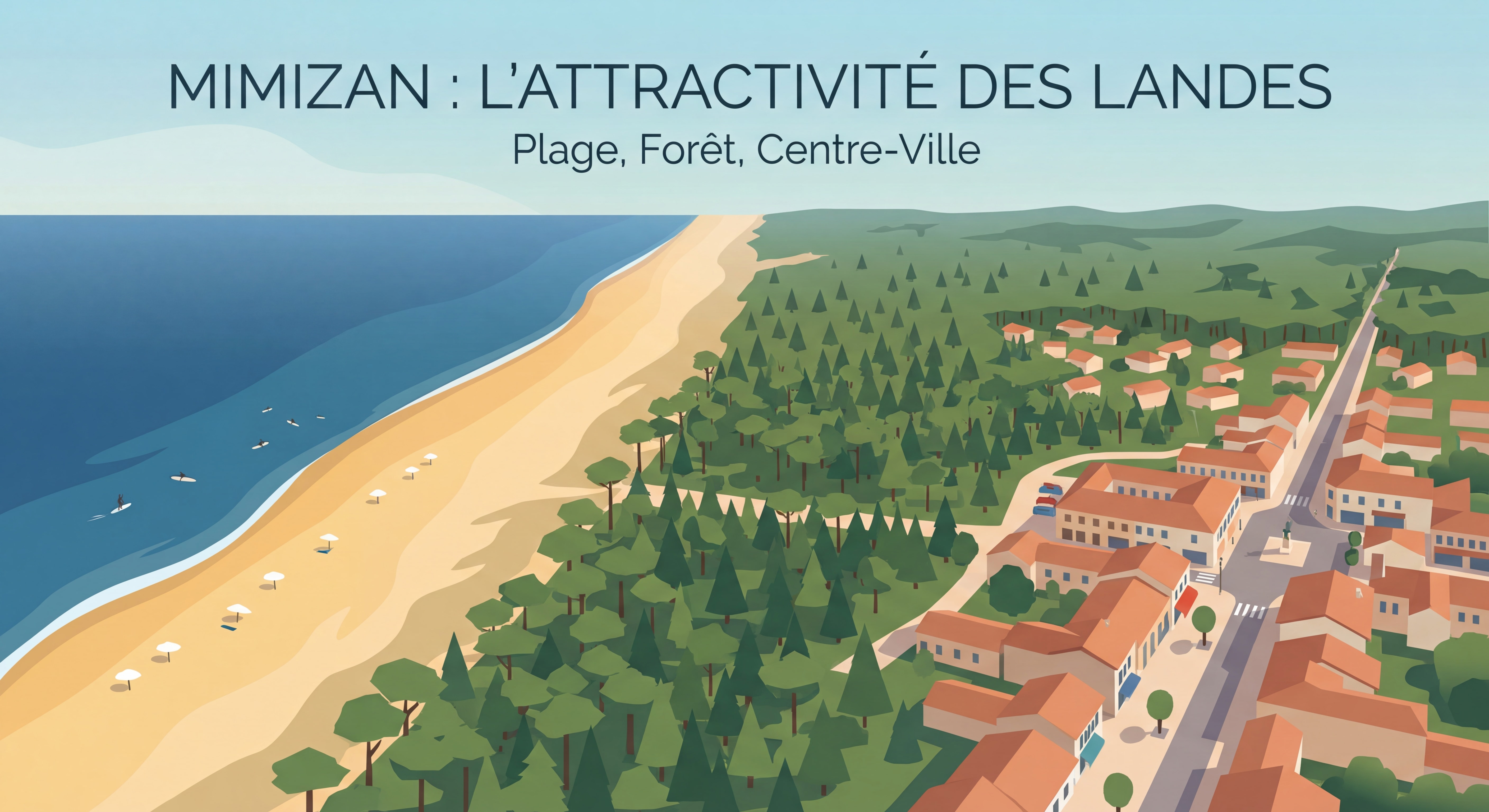 Vue aérienne de Mimizan montrant la plage, la forêt de pins et le centre-ville, illustrant l'attractivité de cette station balnéaire des Landes