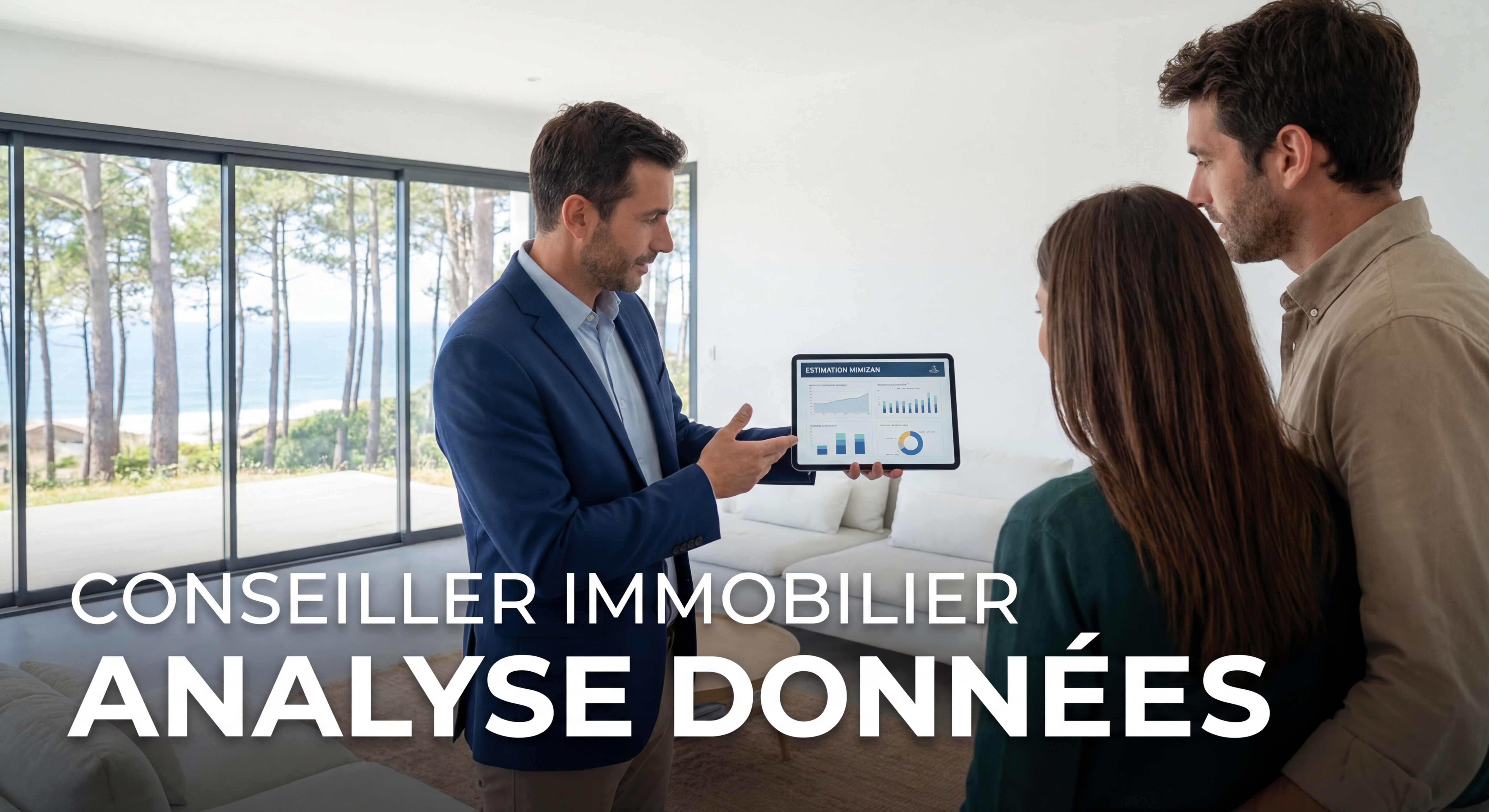 Conseiller immobilier analysant des données sur tablette lors d'une visite d'estimation à Mimizan