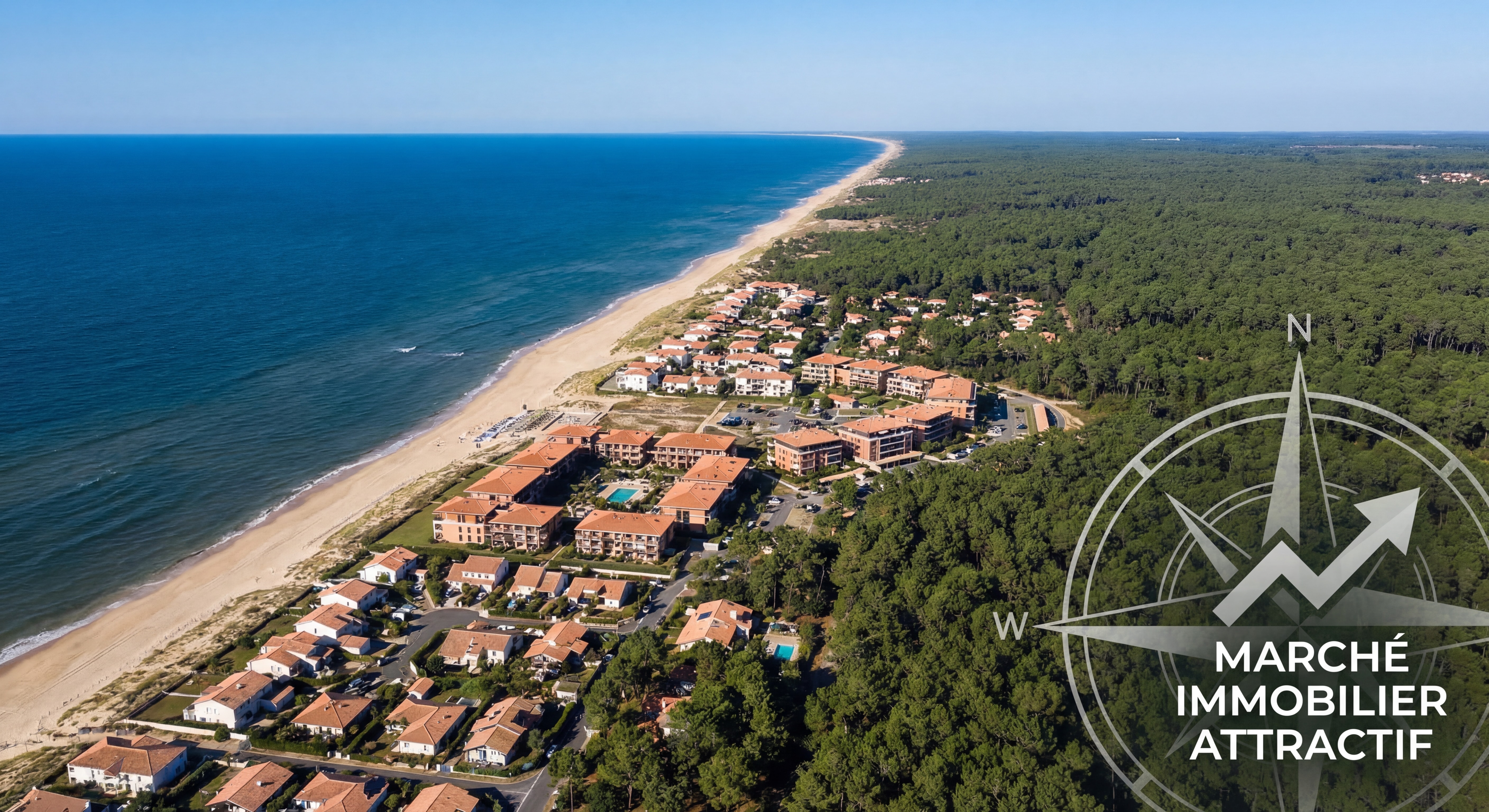 Vue aérienne de Mimizan-Plage avec l'océan Atlantique et la forêt landaise, symbolisant l'attractivité du marché immobilier local