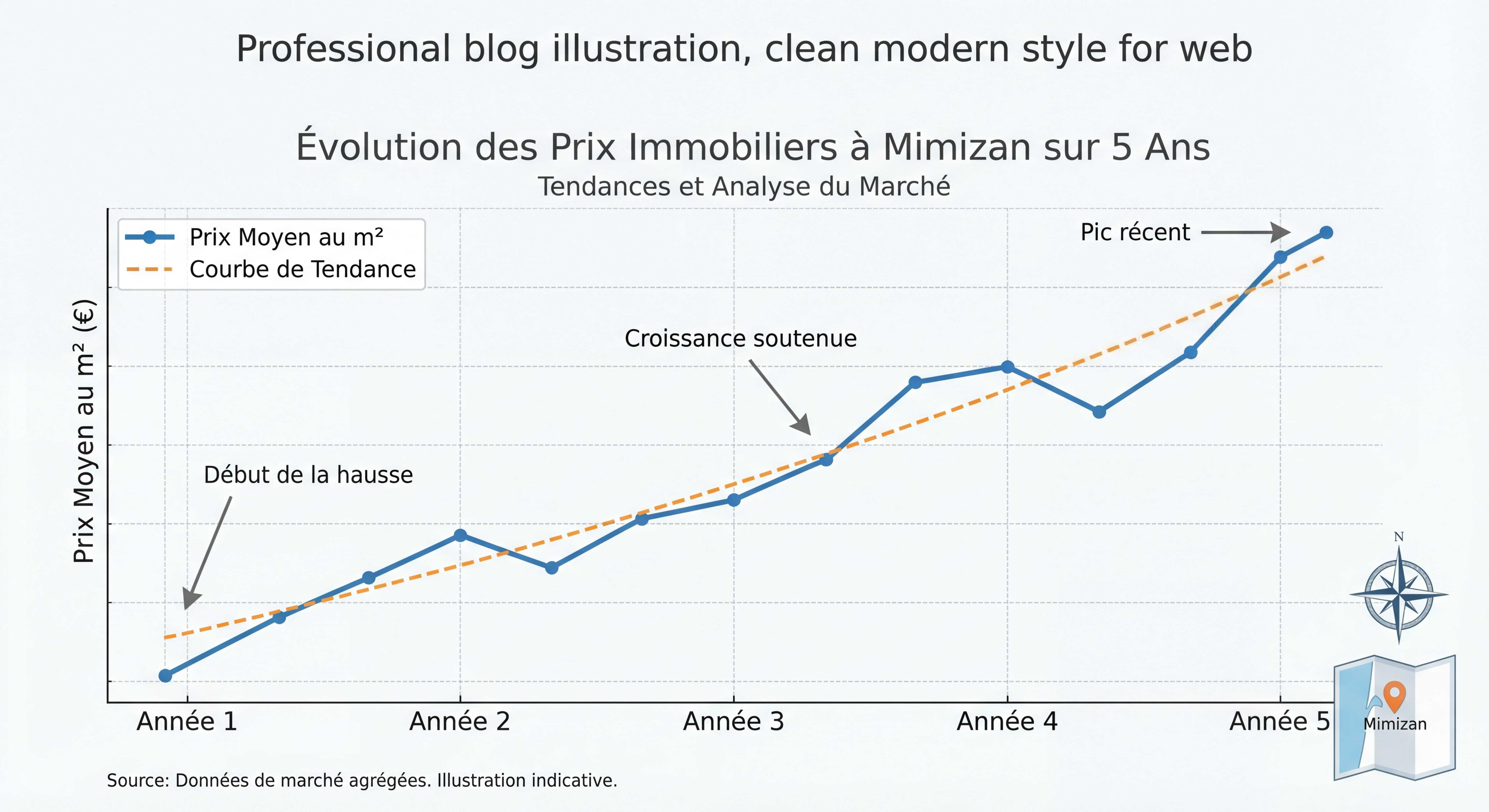 Graphique illustrant l'évolution des prix immobiliers à Mimizan sur 5 ans avec courbe de tendance