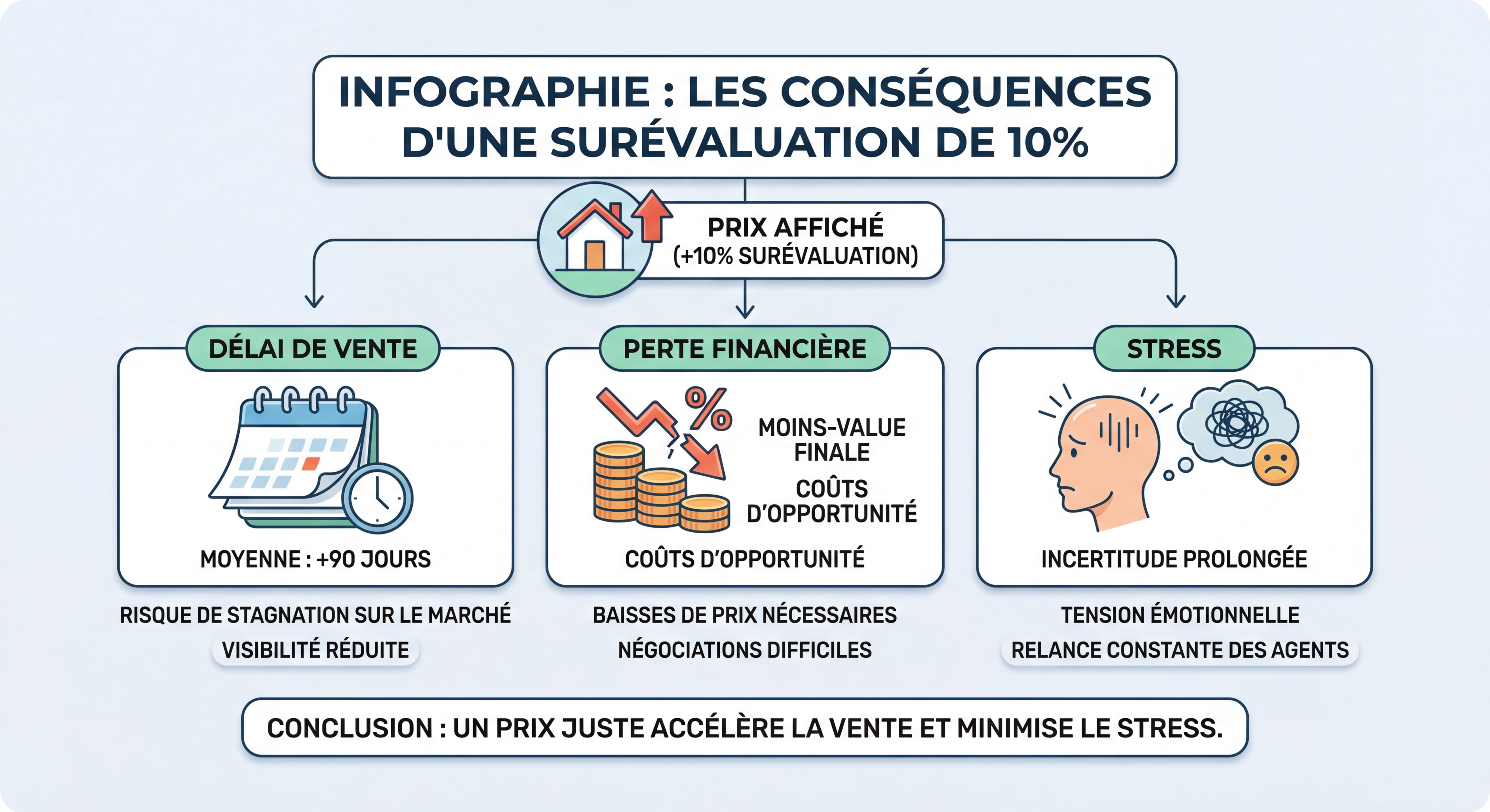 Infographie montrant les conséquences d'une surévaluation de 10% : délai de vente, perte financière, stress