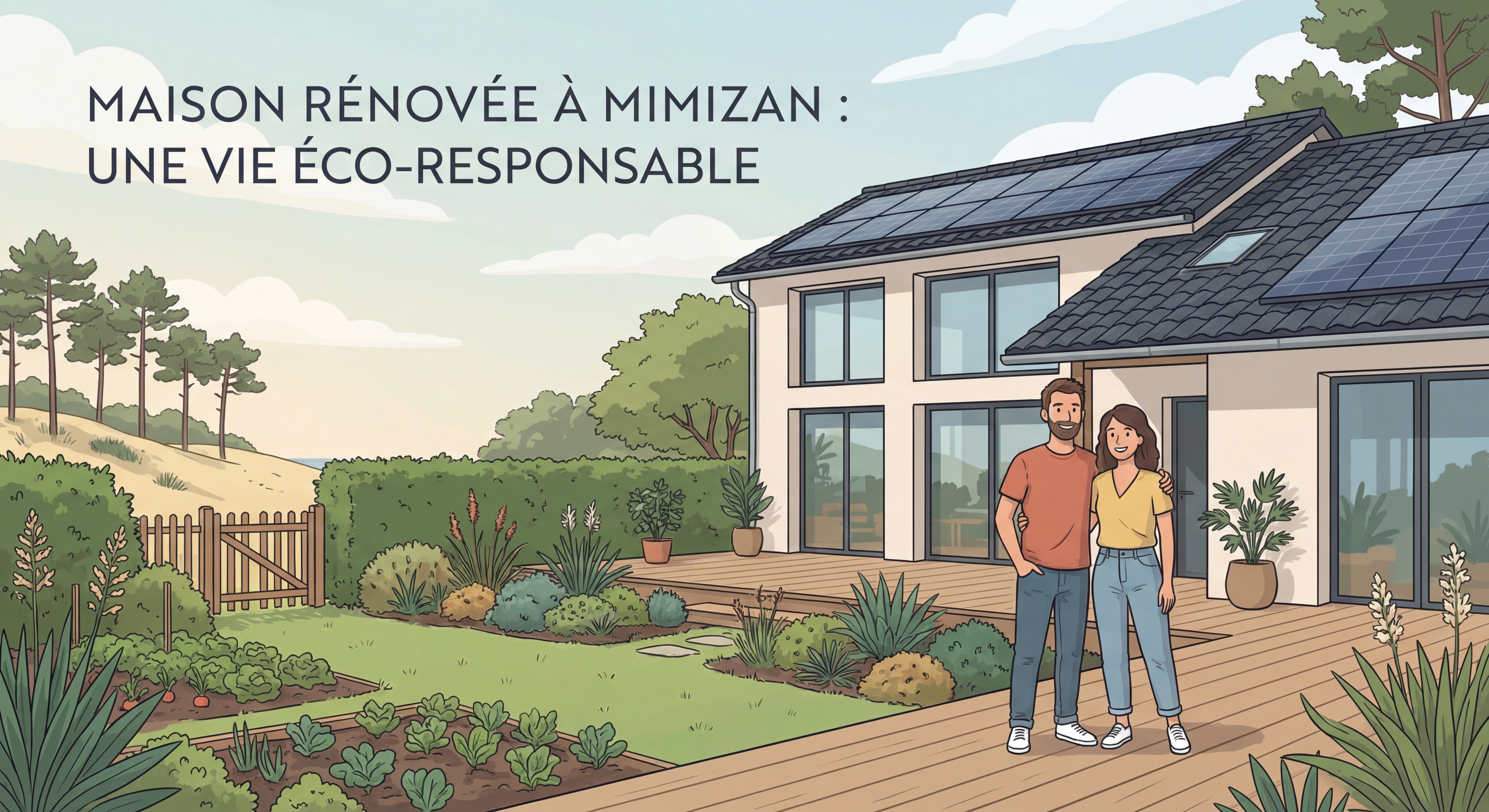 Couple heureux devant leur maison rénovée à Mimizan avec panneaux solaires et jardin