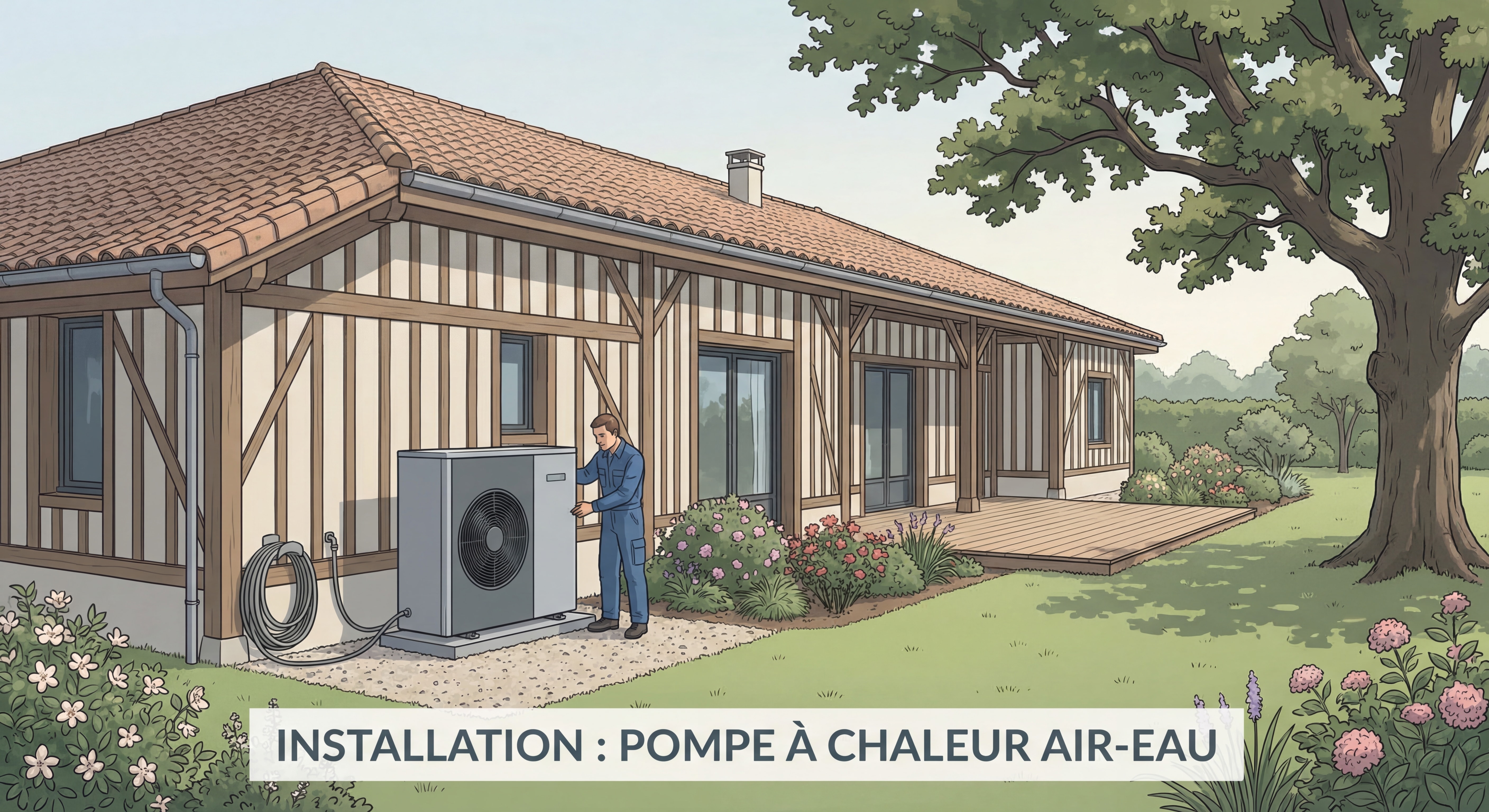 Installation de pompe à chaleur air-eau moderne dans une maison landaise avec jardin