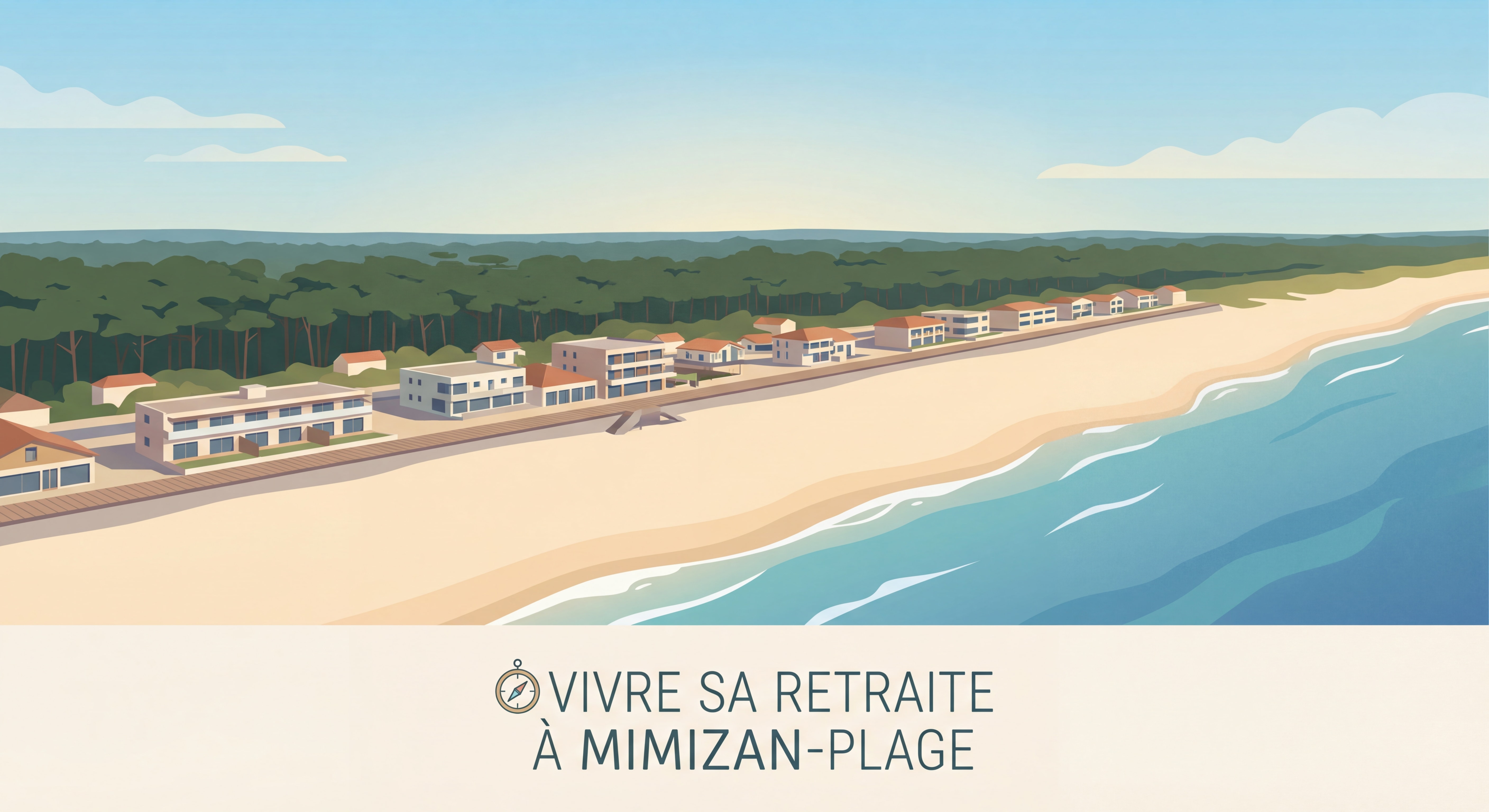 Vue panoramique de Mimizan-Plage avec l'océan Atlantique, la plage de sable fin et la forêt landaise en arrière-plan, idéale pour vivre sa retraite
