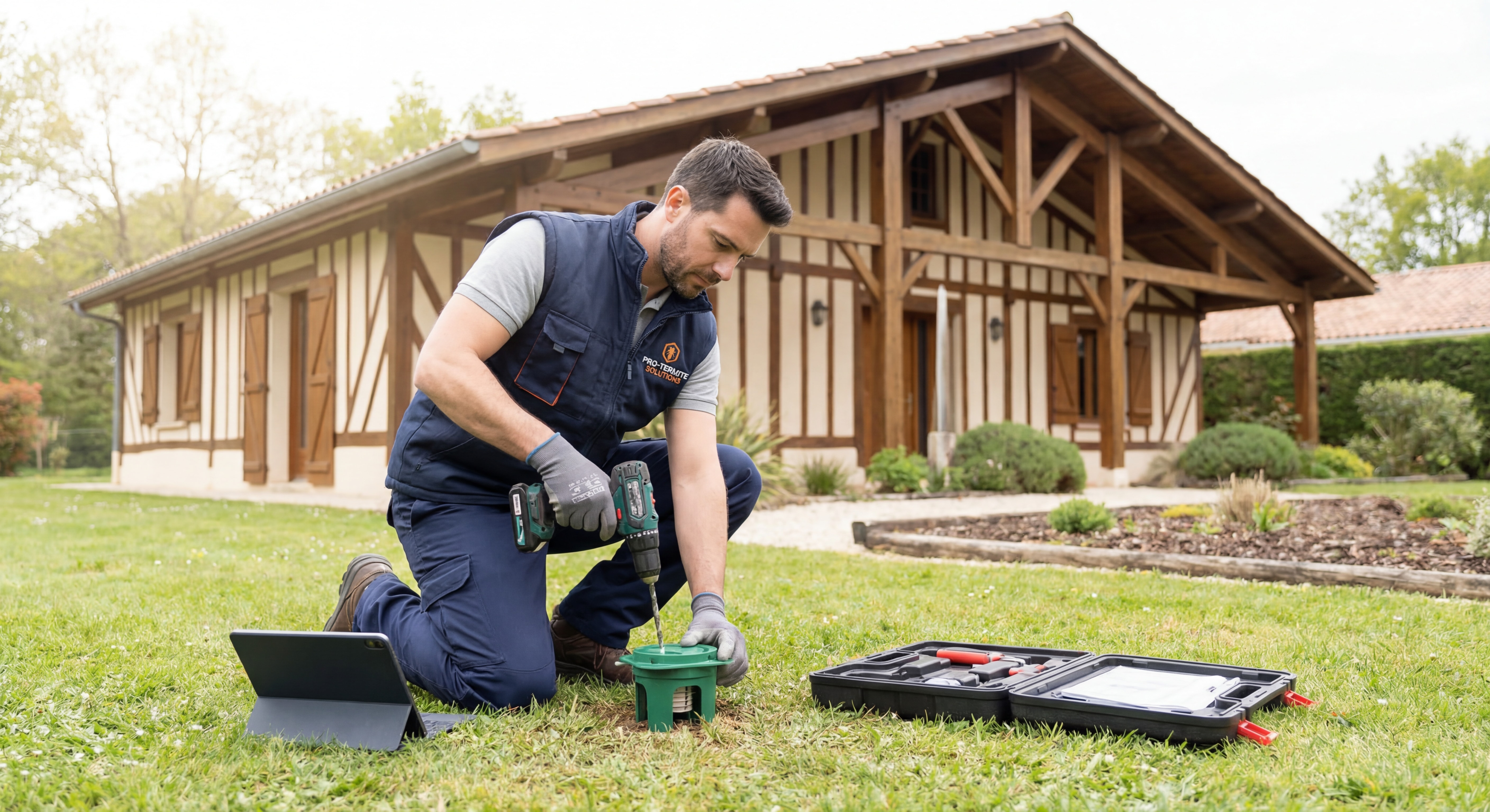 Technicien spécialisé installant des stations de pièges anti-termites autour d'une maison landaise, équipement professionnel visible