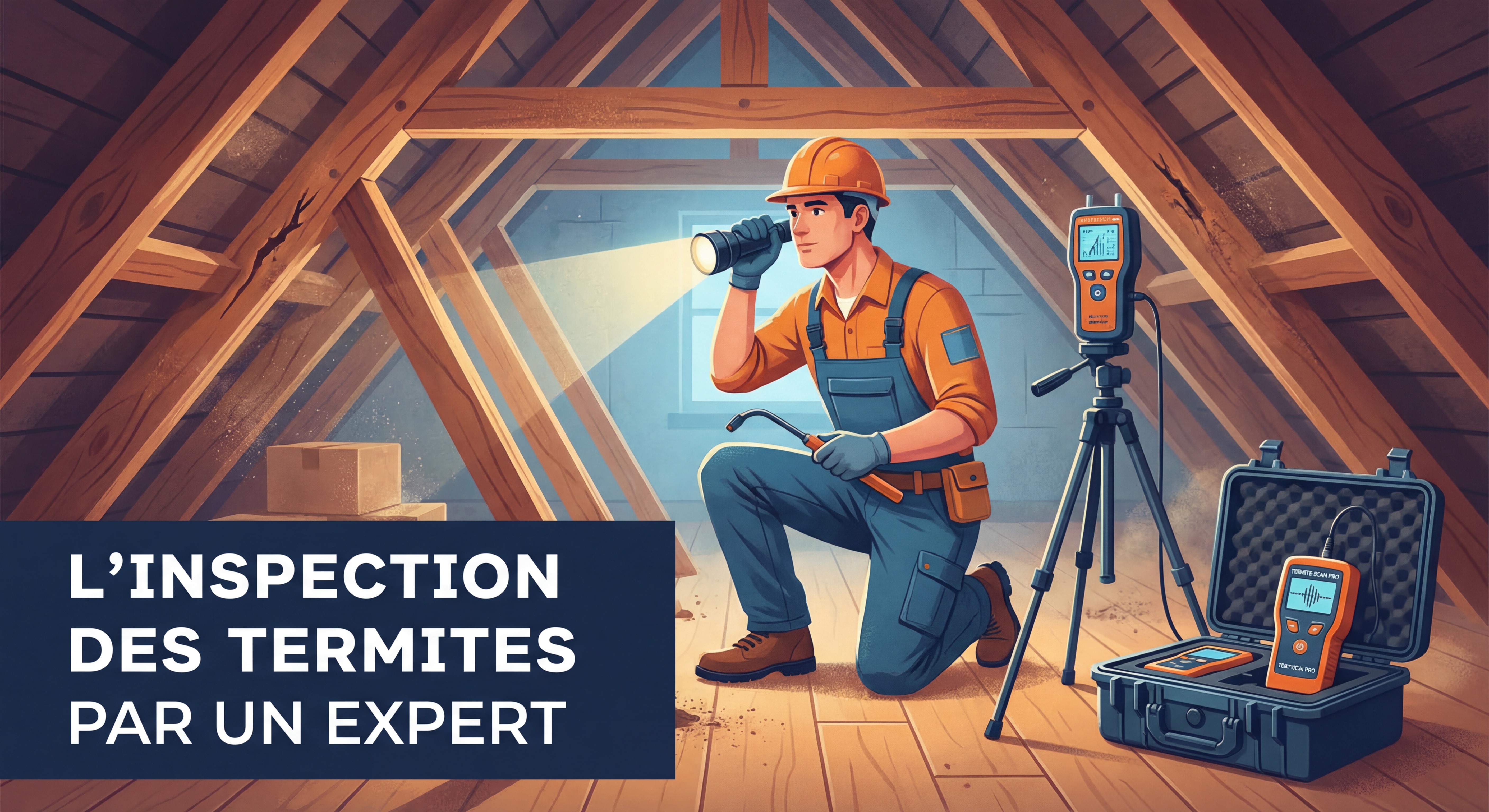 Diagnostiqueur professionnel inspectant une charpente avec lampe et sonde, équipement de détection des termites visible