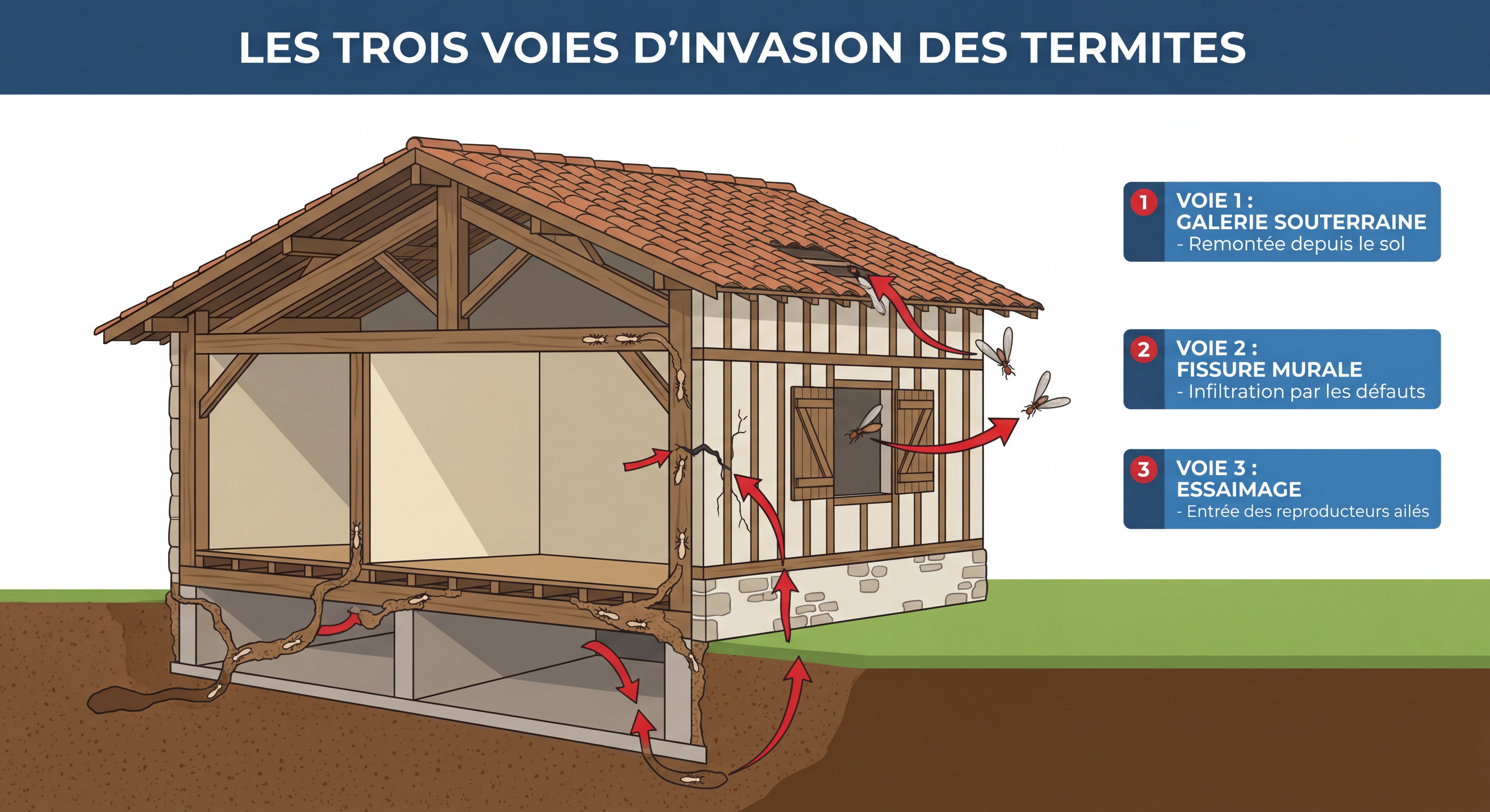 Schéma illustrant les trois voies d'invasion des termites dans une maison landaise avec légendes explicatives