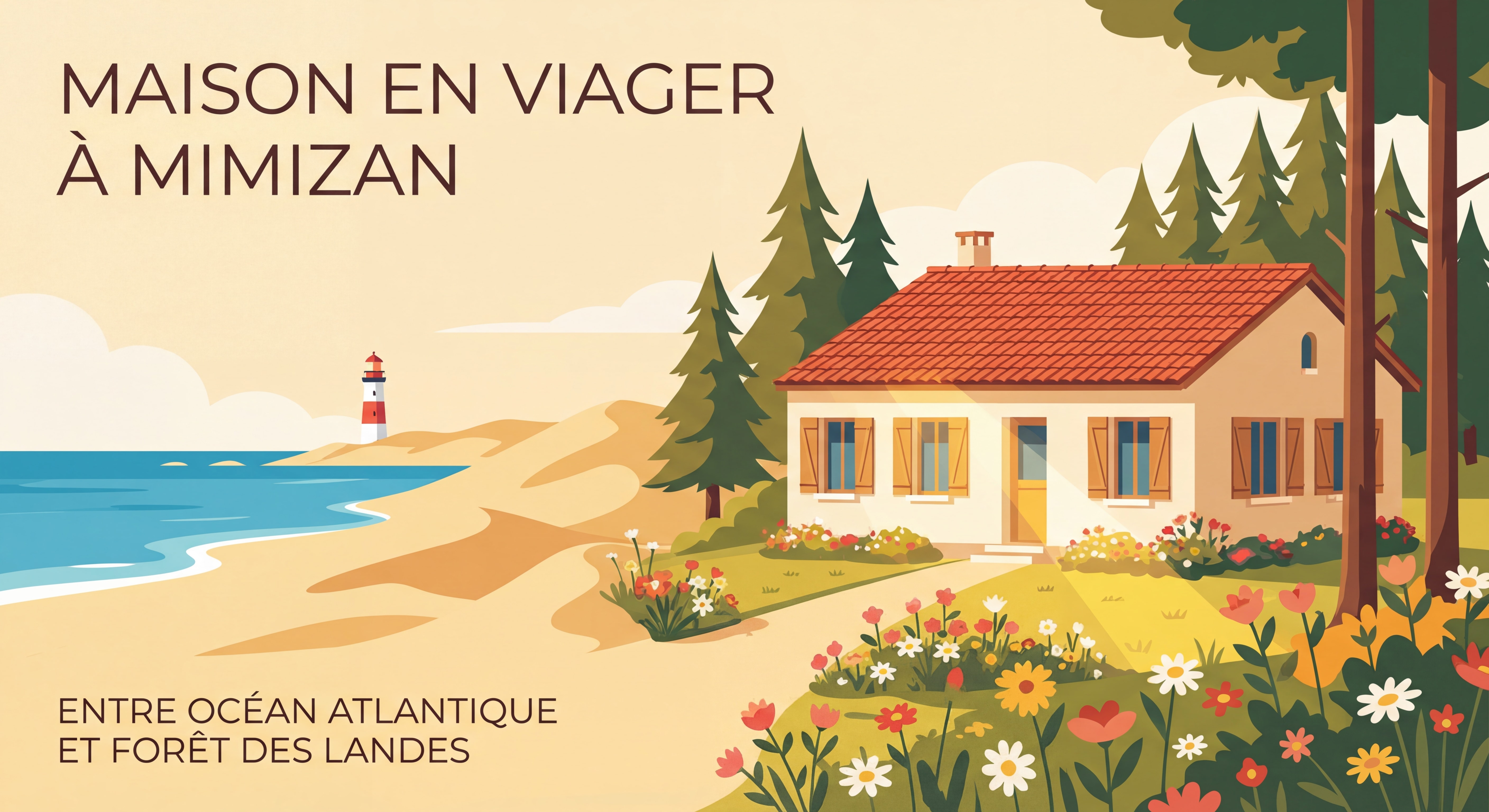 Maison en viager à Mimizan entre océan Atlantique et forêt des Landes avec jardin ensoleillé