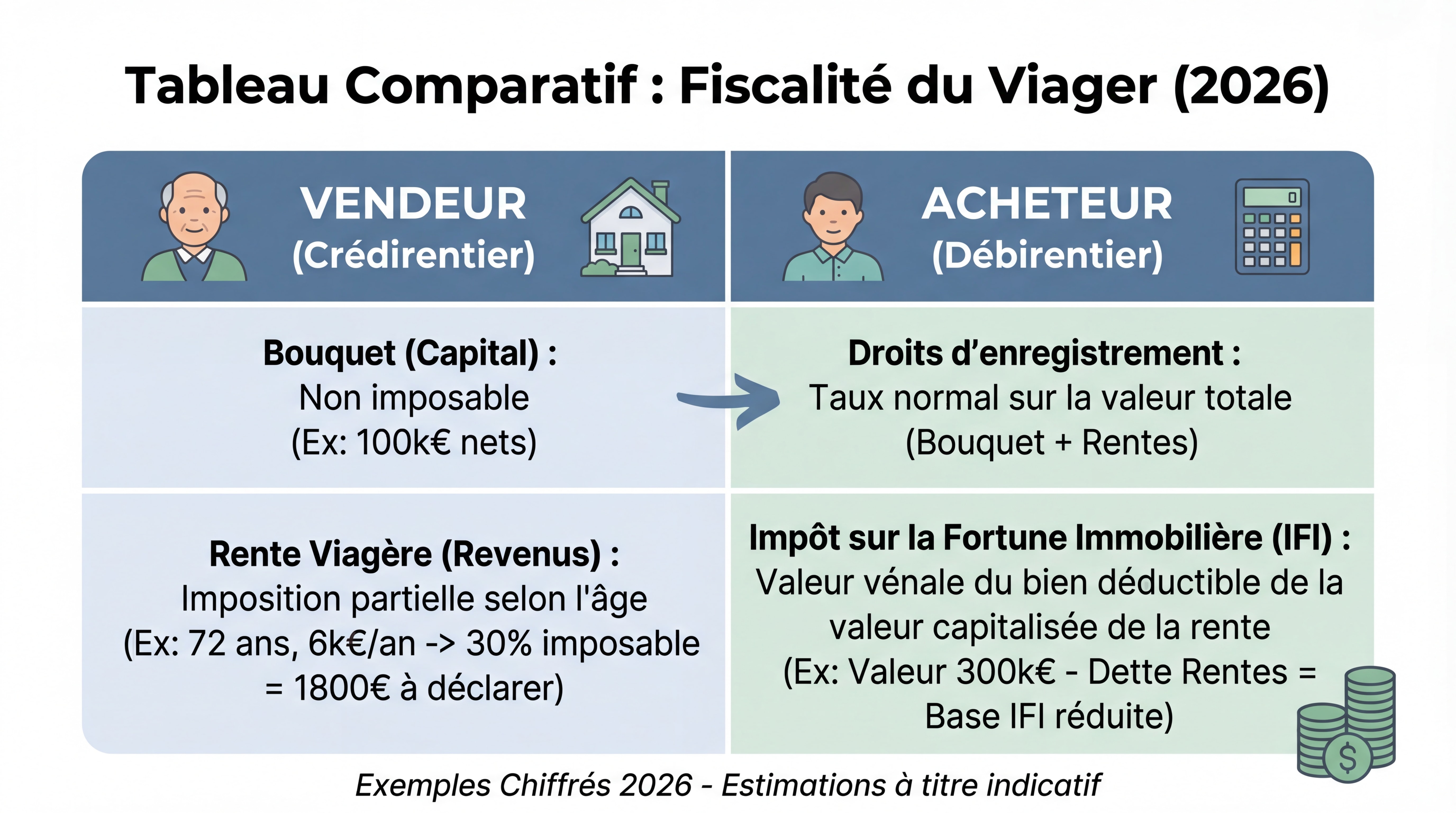 Tableau comparatif de la fiscalité du viager pour vendeur et acheteur avec exemples chiffrés 2026