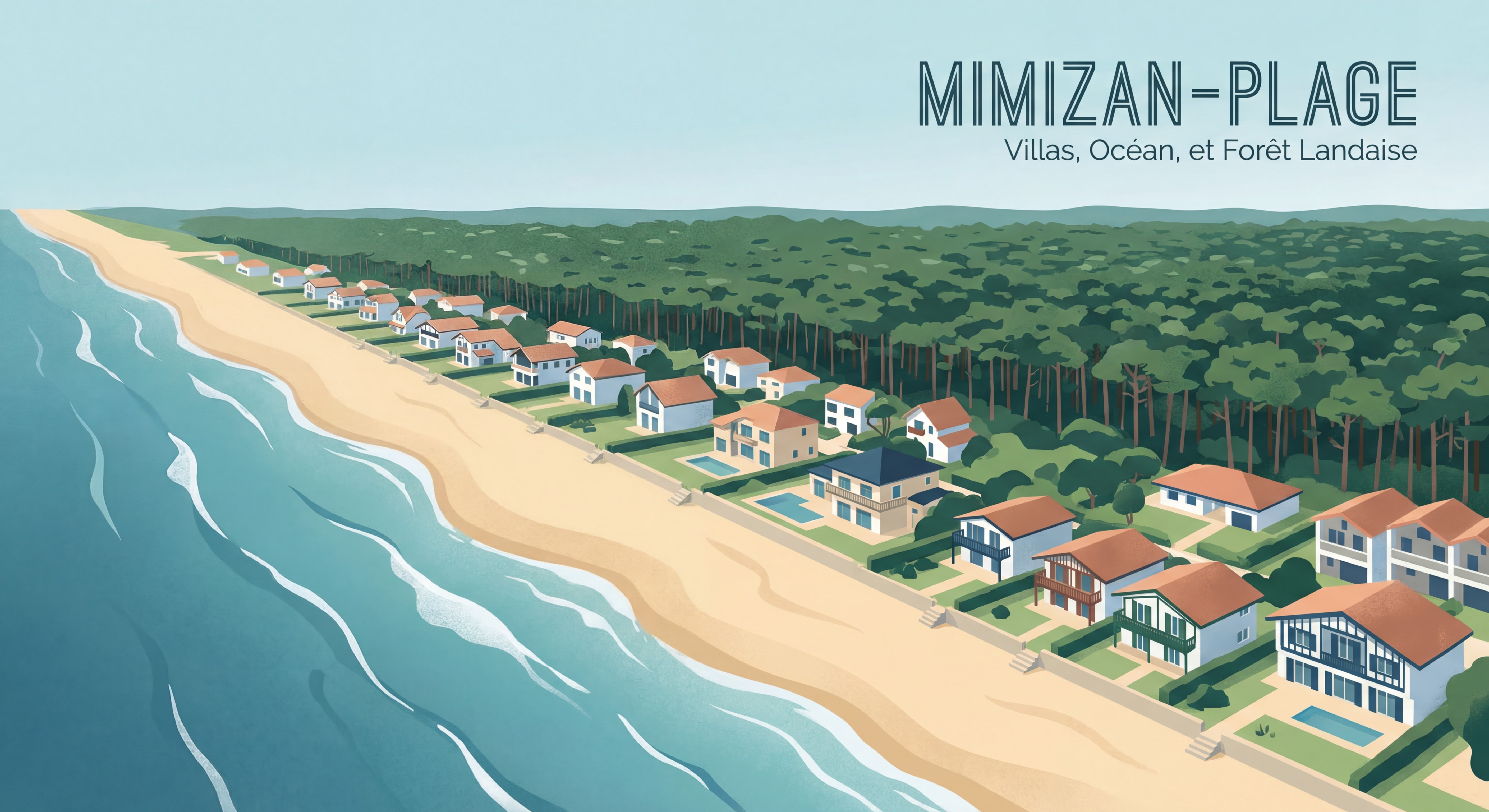 Vue aérienne de Mimizan-Plage avec ses villas en bord d'océan Atlantique et sa forêt de pins landaise