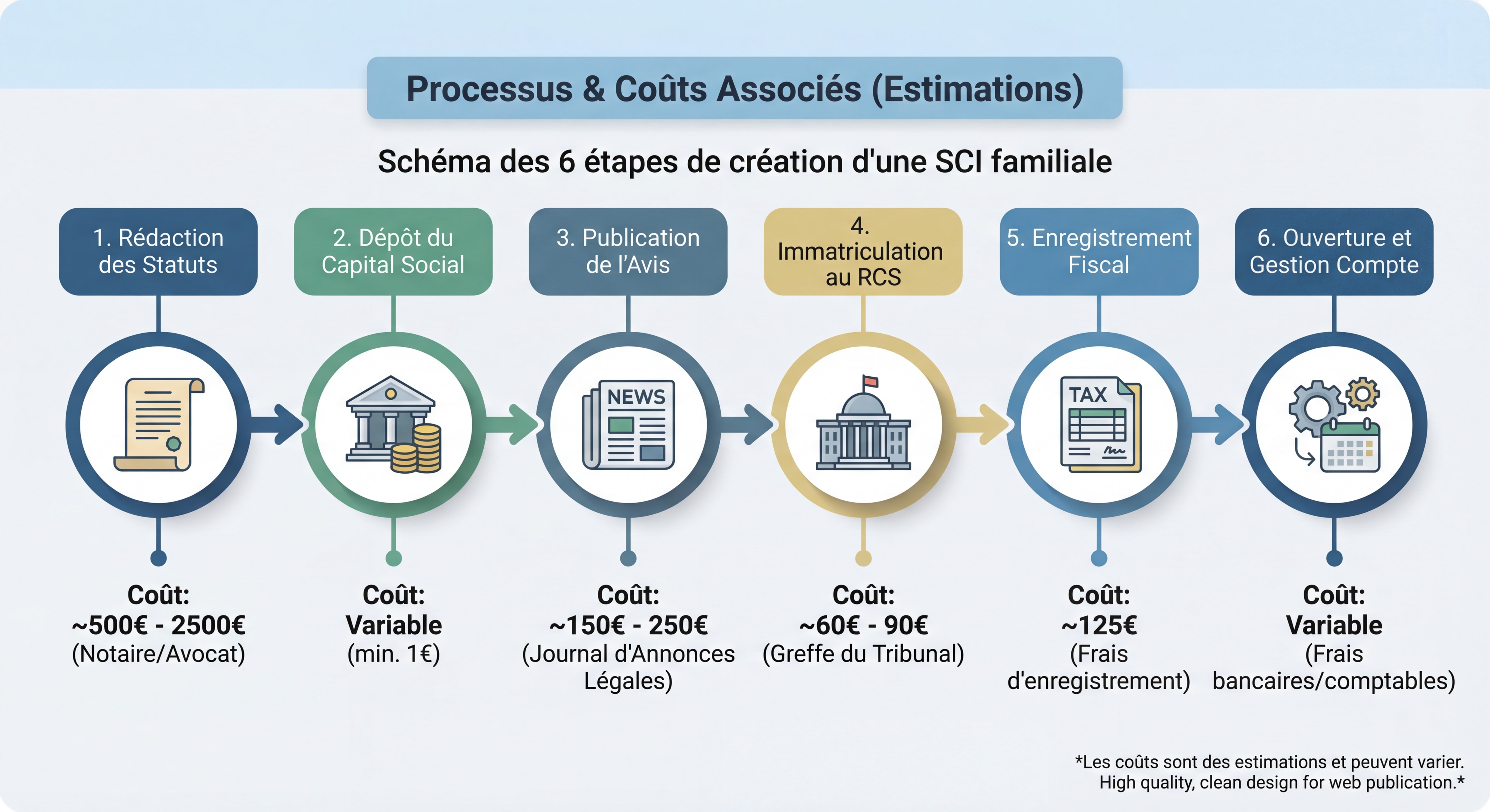 Schéma des 6 étapes de création d'une SCI familiale avec timeline et coûts associés à chaque étape