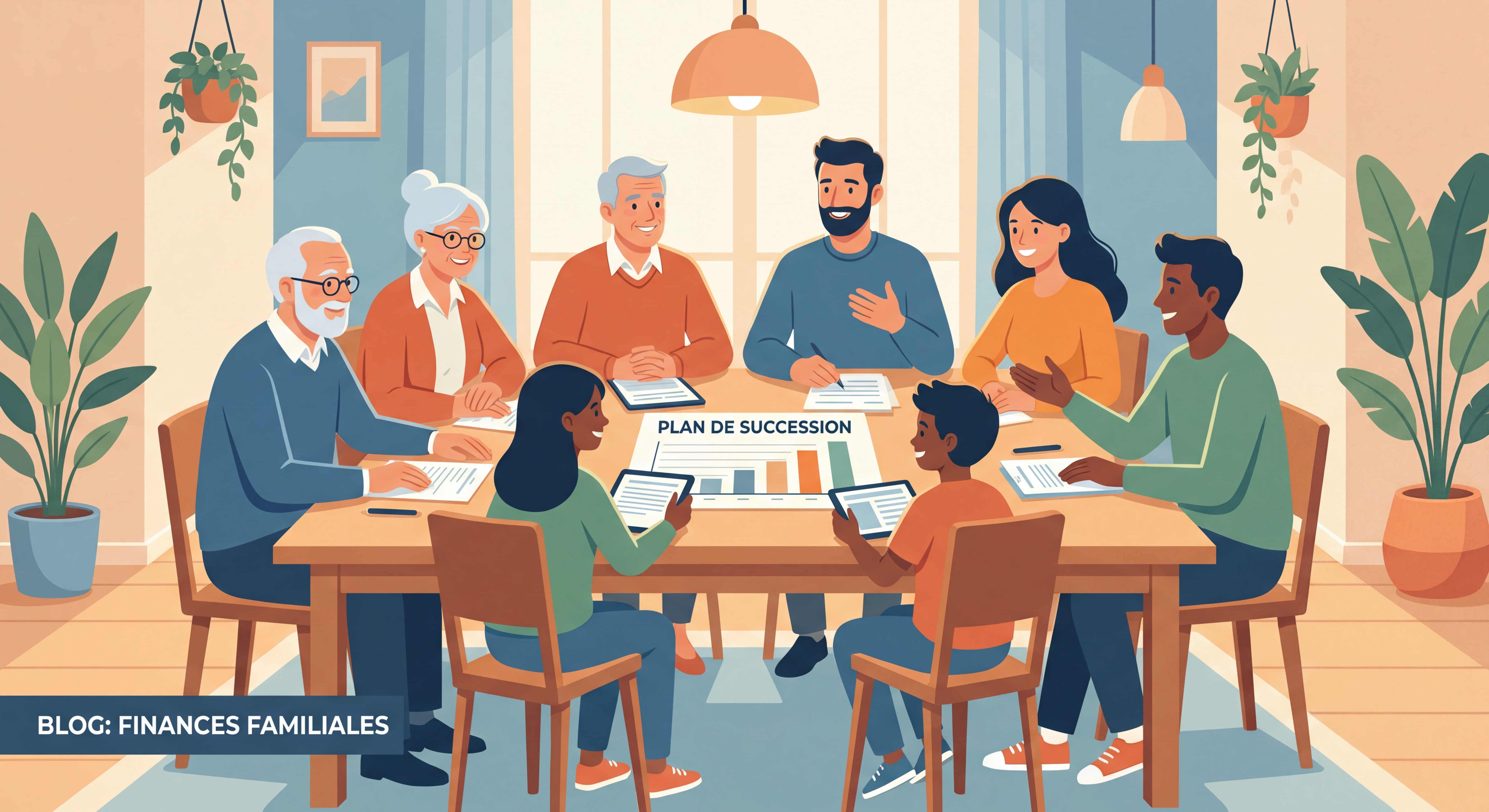 Famille multigénérationnelle discutant de succession autour d'une table avec documents financiers - illustration moderne et chaleureuse