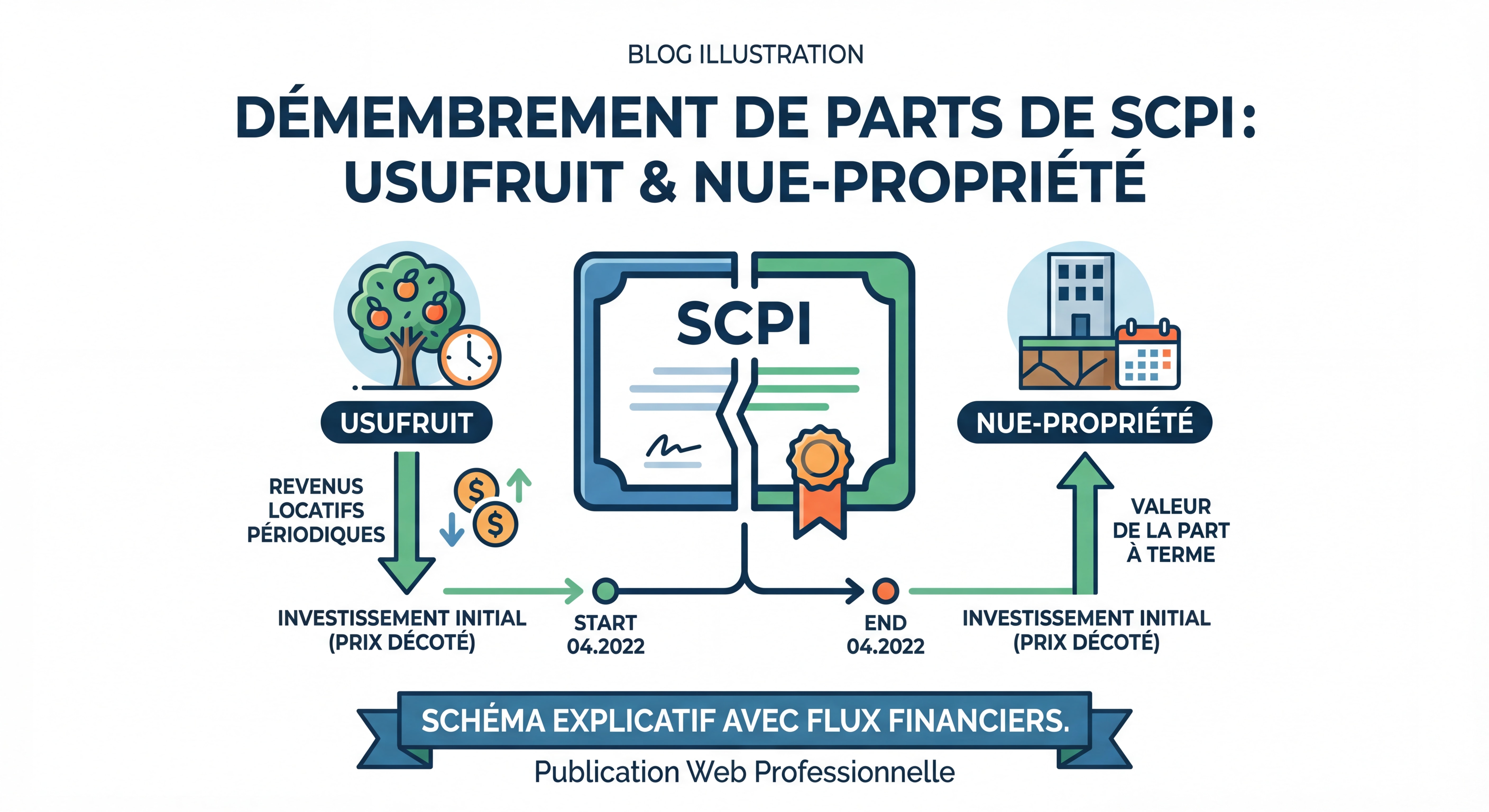 Schéma explicatif du démembrement de parts de SCPI montrant la séparation entre usufruit et nue-propriété avec flux financiers