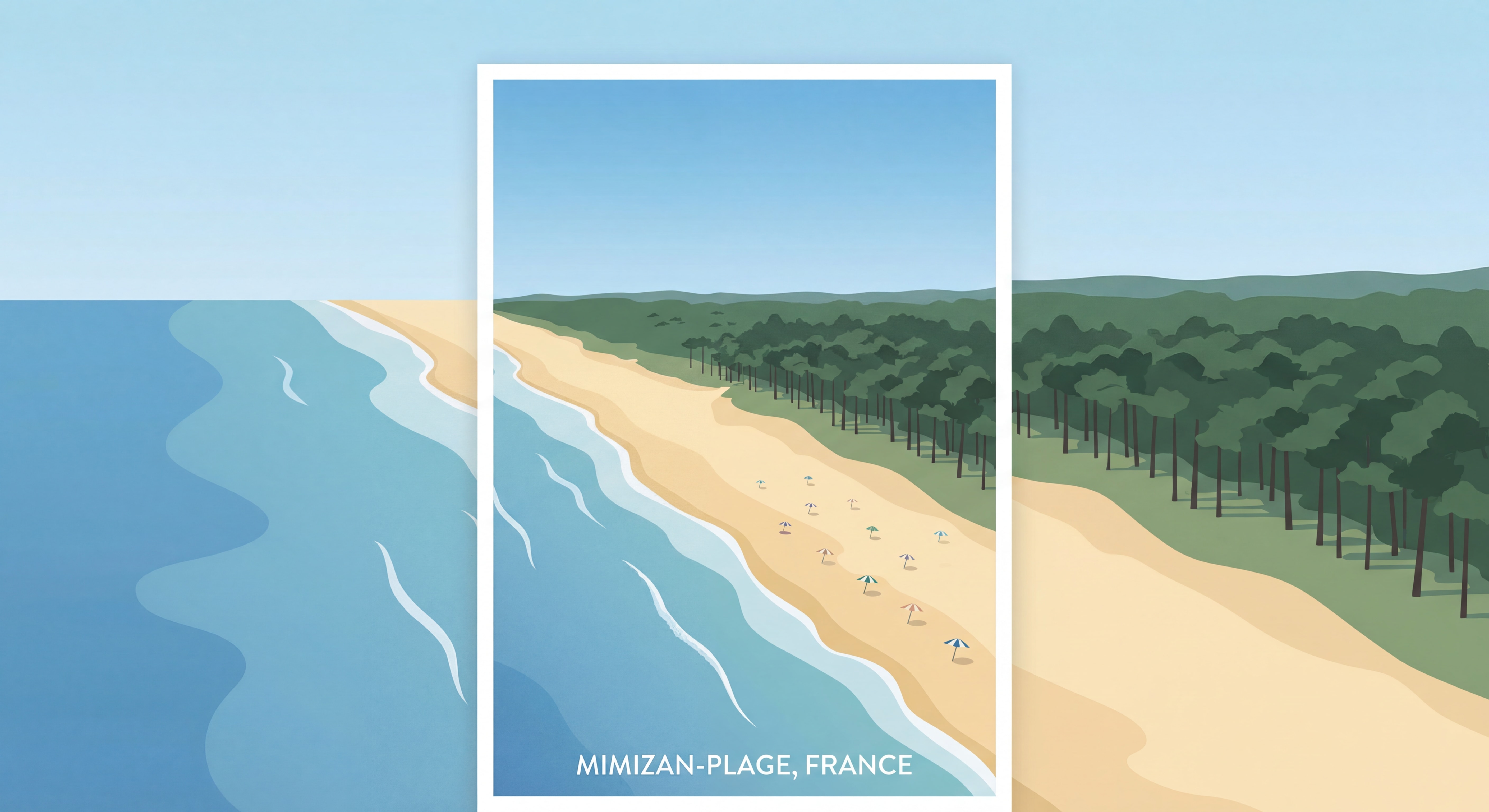 Vue aérienne de Mimizan-Plage avec l'océan Atlantique, la plage de sable fin et la forêt landaise en arrière-plan