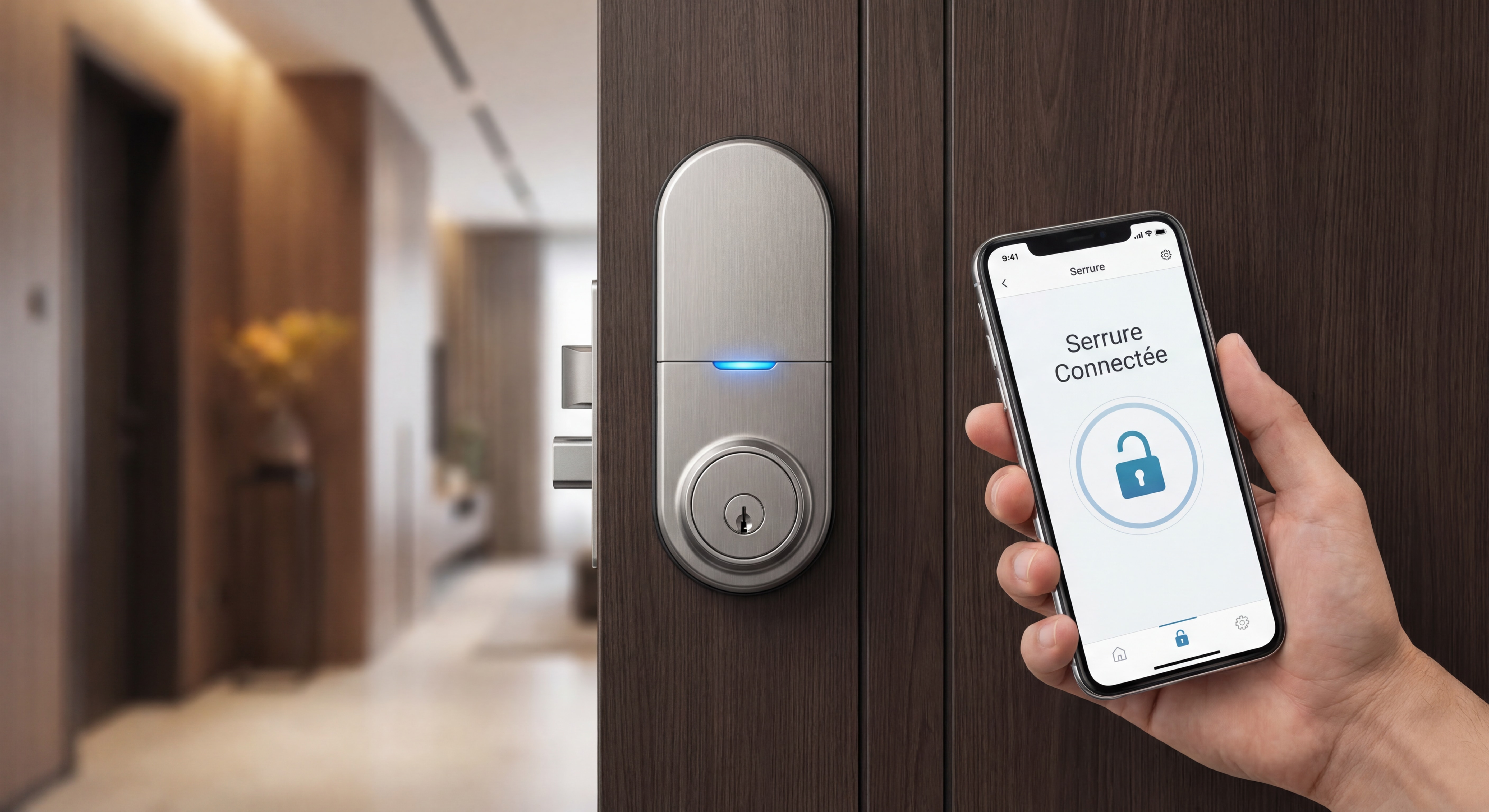 Serrure connectée moderne installée sur une porte d'appartement avec smartphone affichant l'application de contrôle