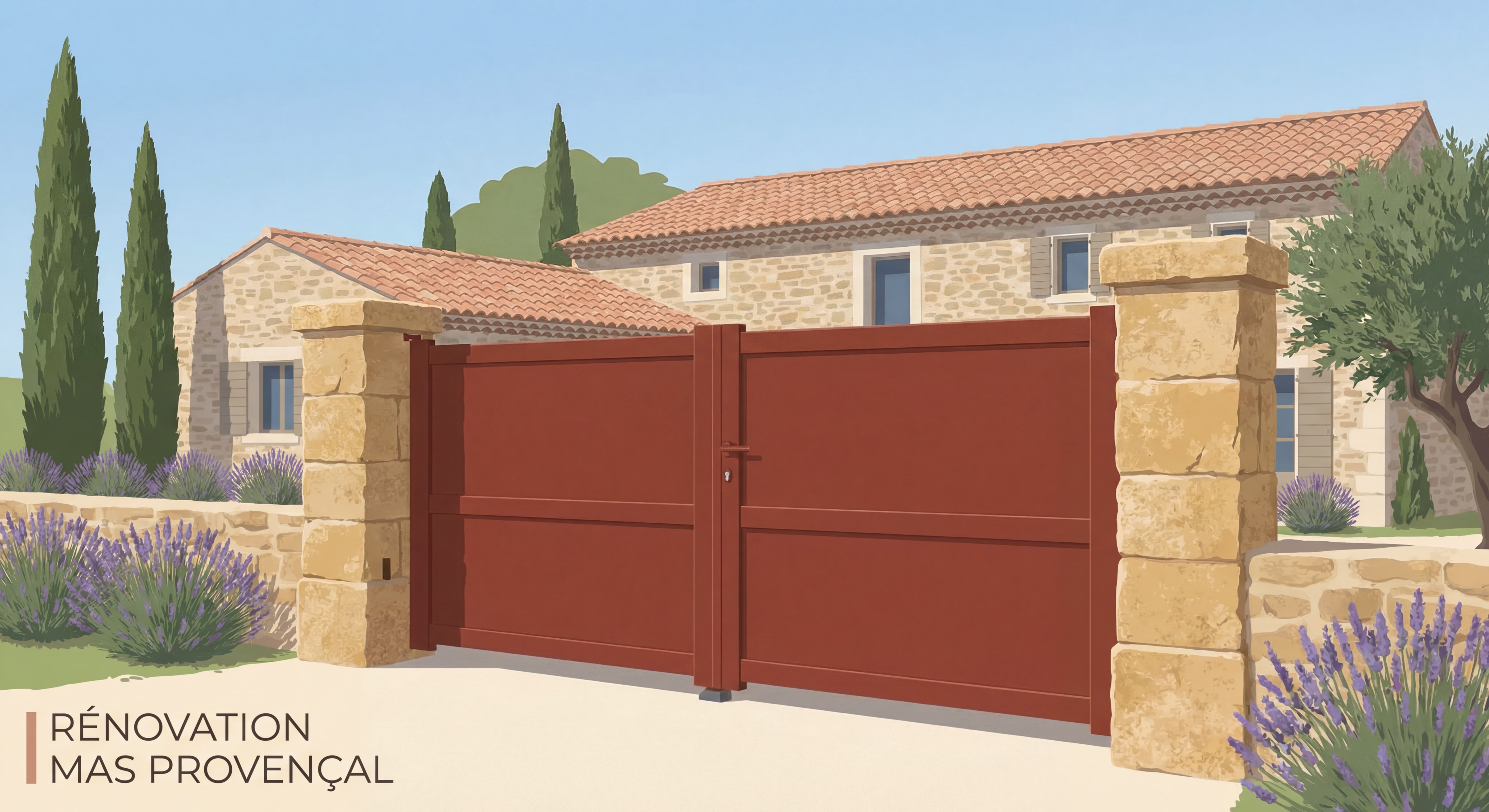 Portail battant acier plein couleur terre de Sienne sur mas provençal Aix-en-Provence avec piliers en pierre