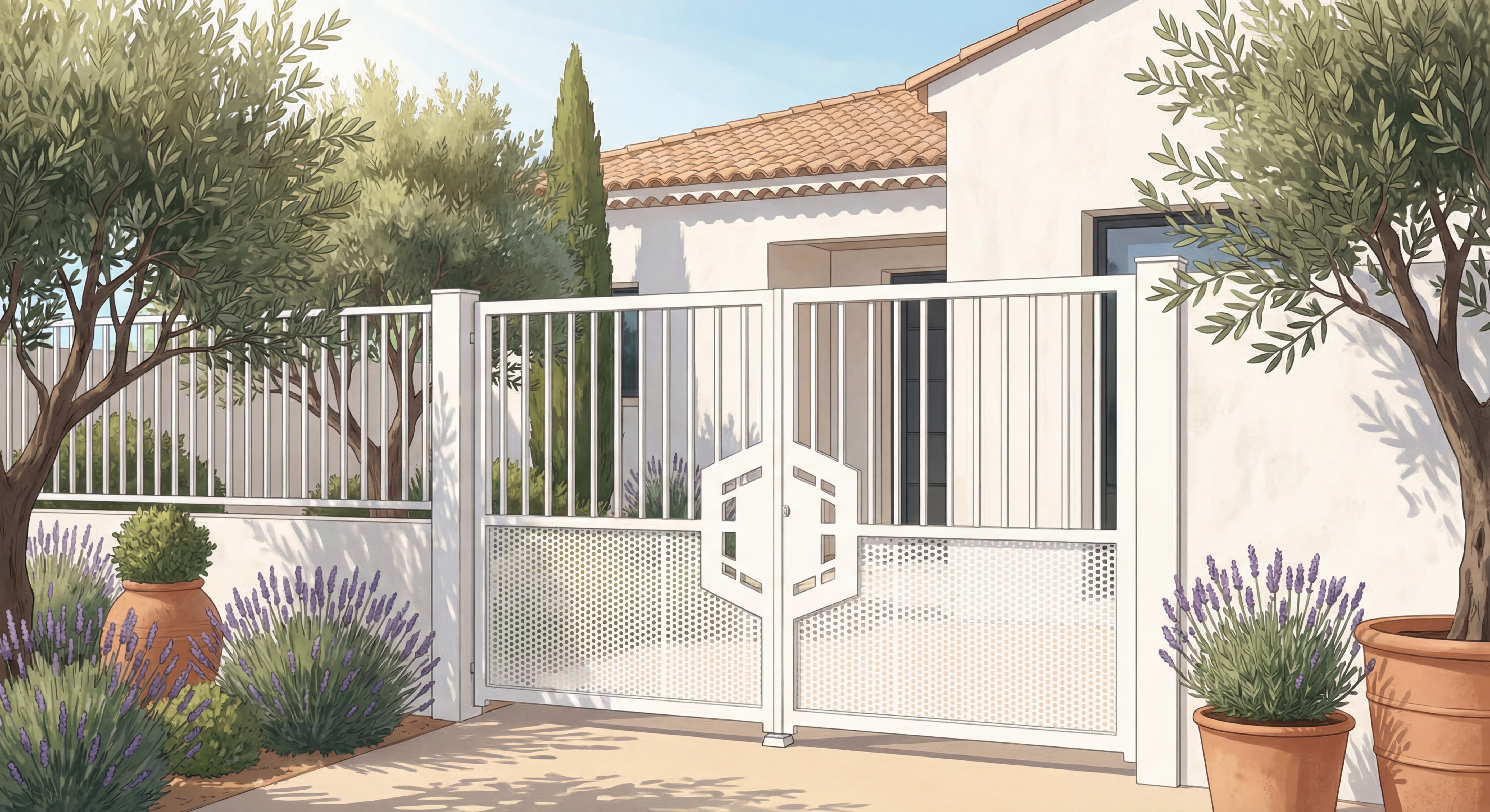 Portail battant acier ajouré blanc avec barreaux verticaux sur propriété moderne Toulon avec jardin méditerranéen