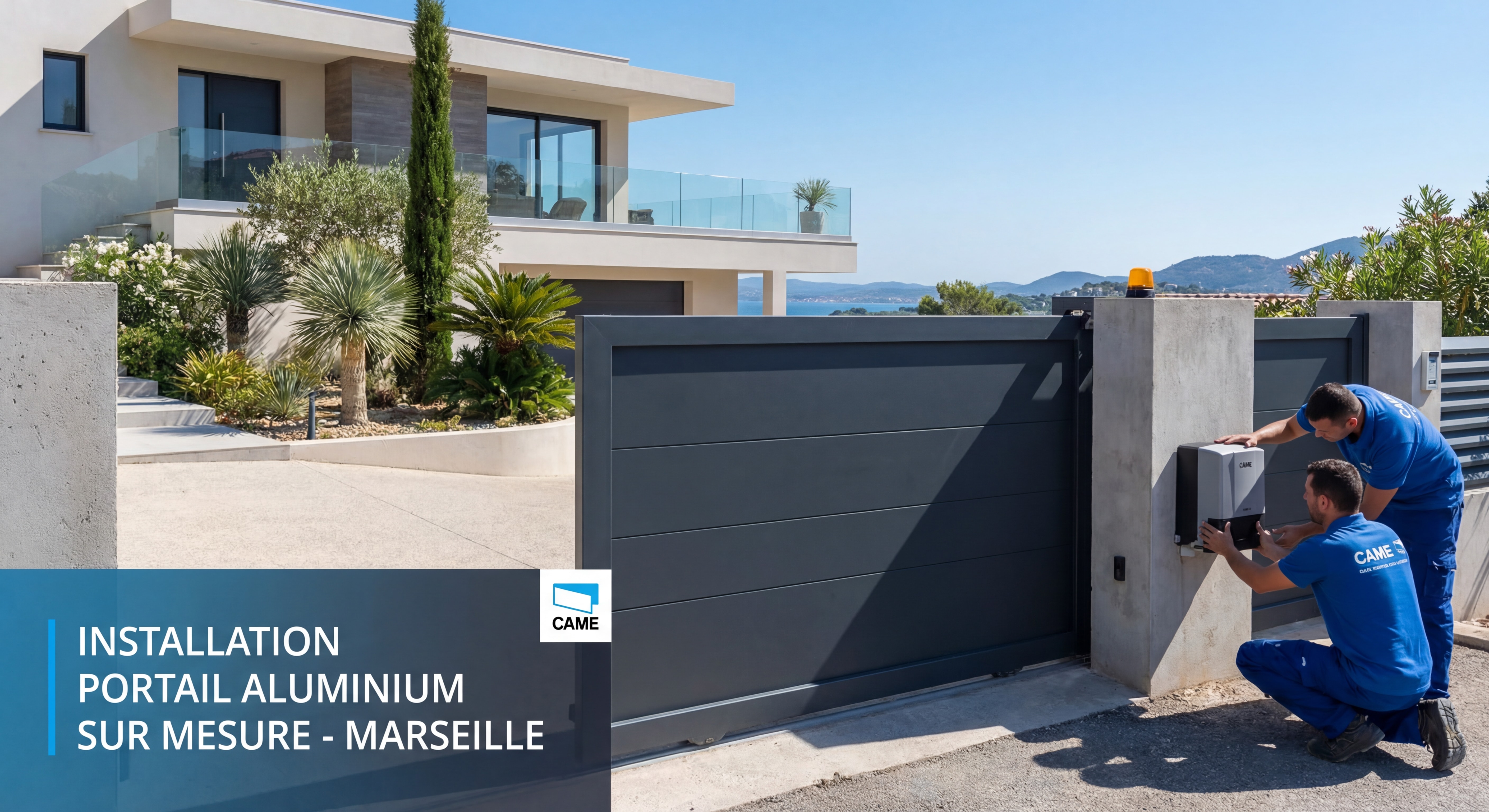 Installation portail aluminium sur mesure dans villa moderne à Marseille avec motorisation CAME