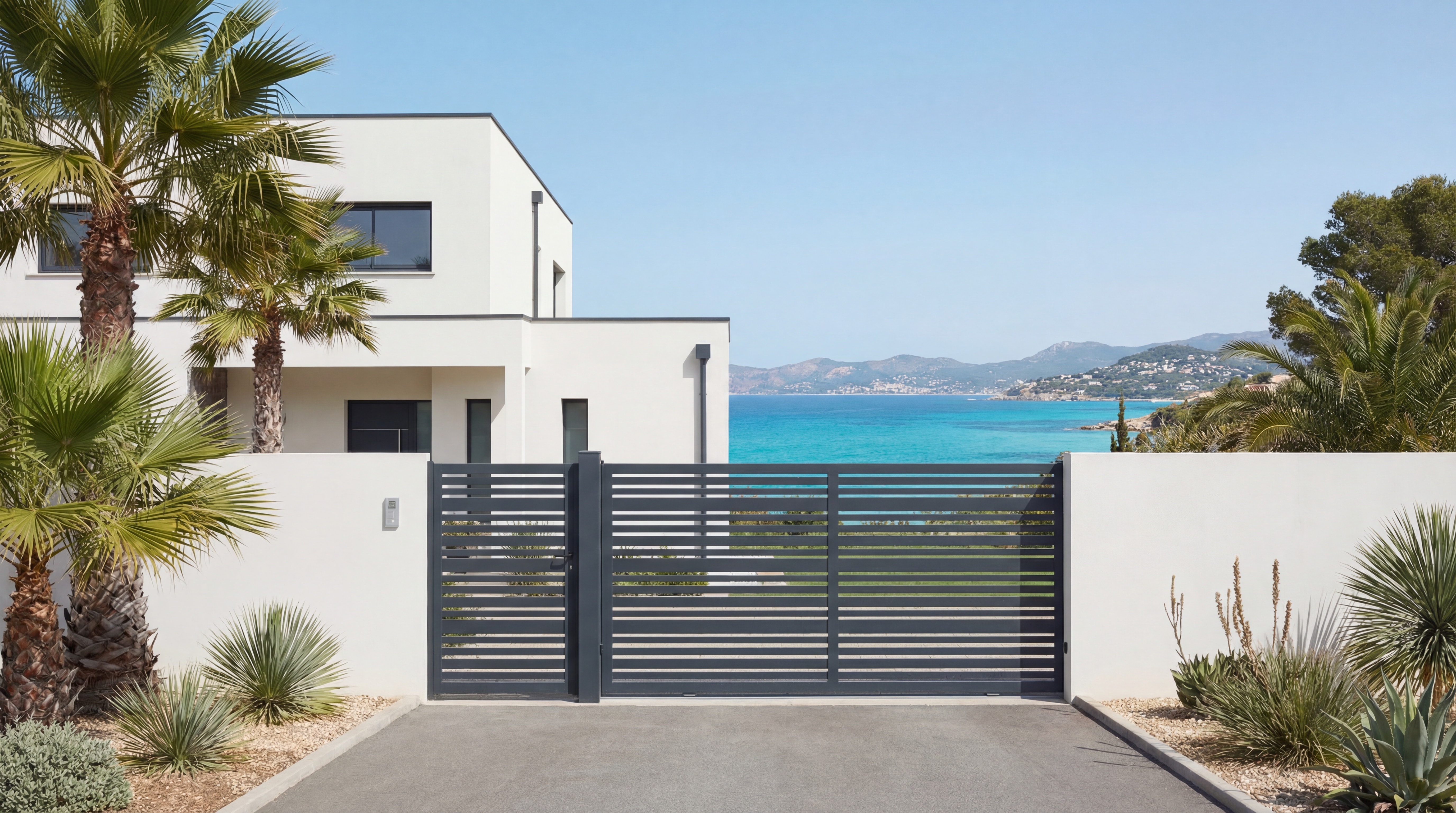 Portail coulissant aluminium ajouré gris anthracite installé sur villa contemporaine Marseille avec vue mer