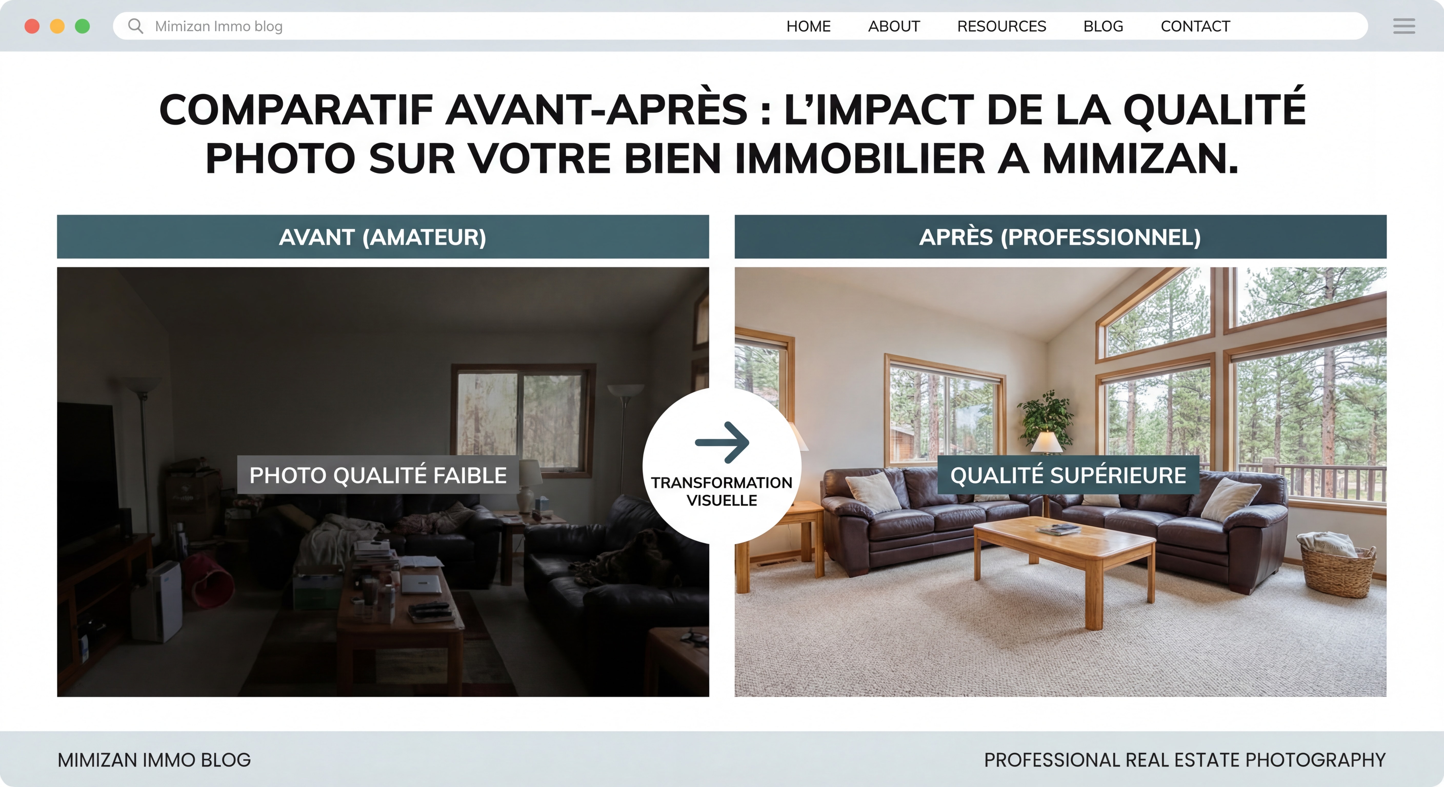 Comparaison avant-après de photos immobilières professionnelles d'une maison à Mimizan, montrant l'impact de la qualité photographique sur la perception du bien