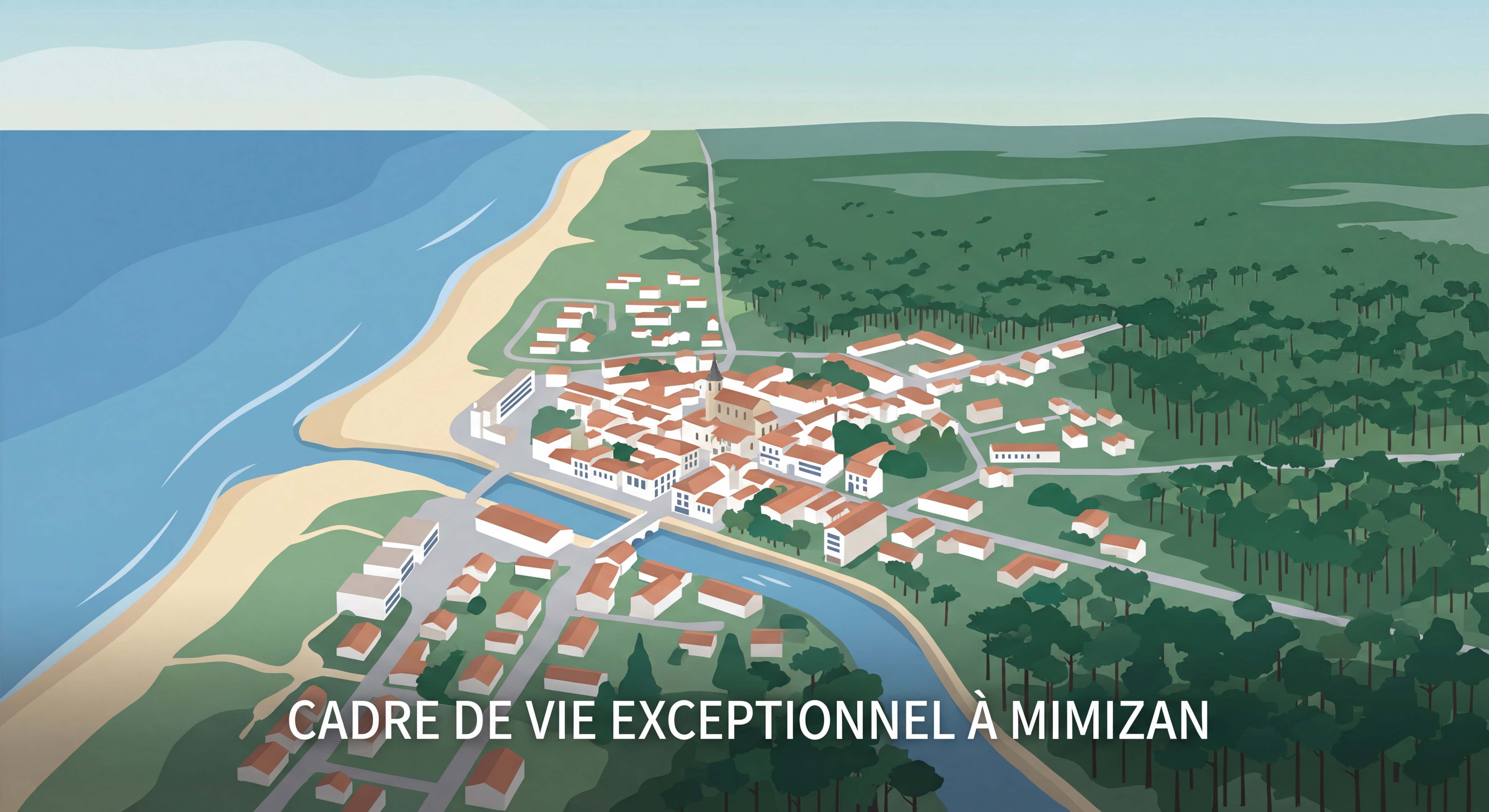 Vue aérienne de Mimizan avec l'océan Atlantique, la forêt des Landes et le centre-ville, illustrant le cadre de vie exceptionnel de la commune