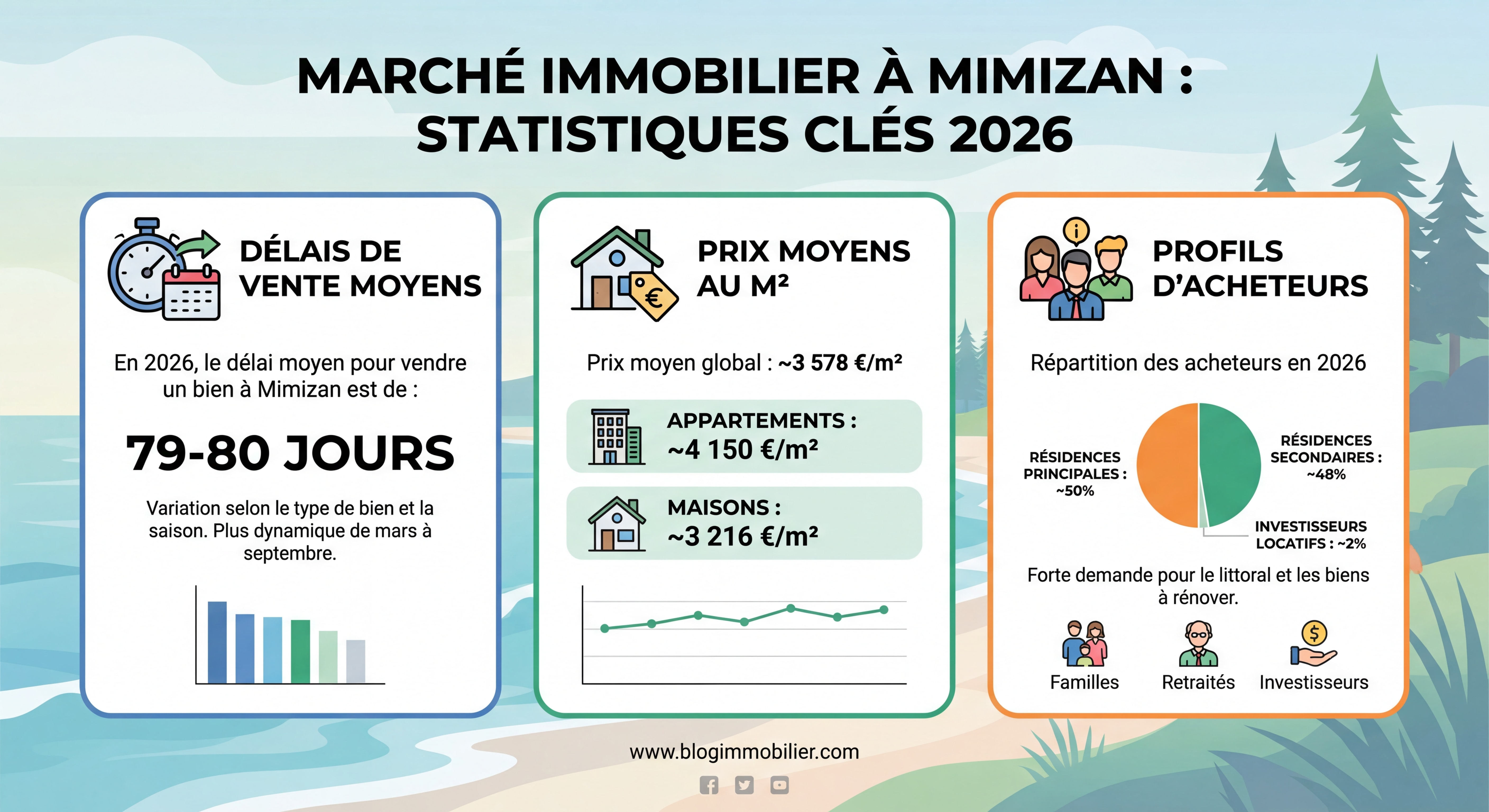 Infographie moderne présentant les statistiques clés du marché immobilier à Mimizan en 2026, avec graphiques colorés et icônes représentant les délais de vente, prix moyens et profils d'acheteurs