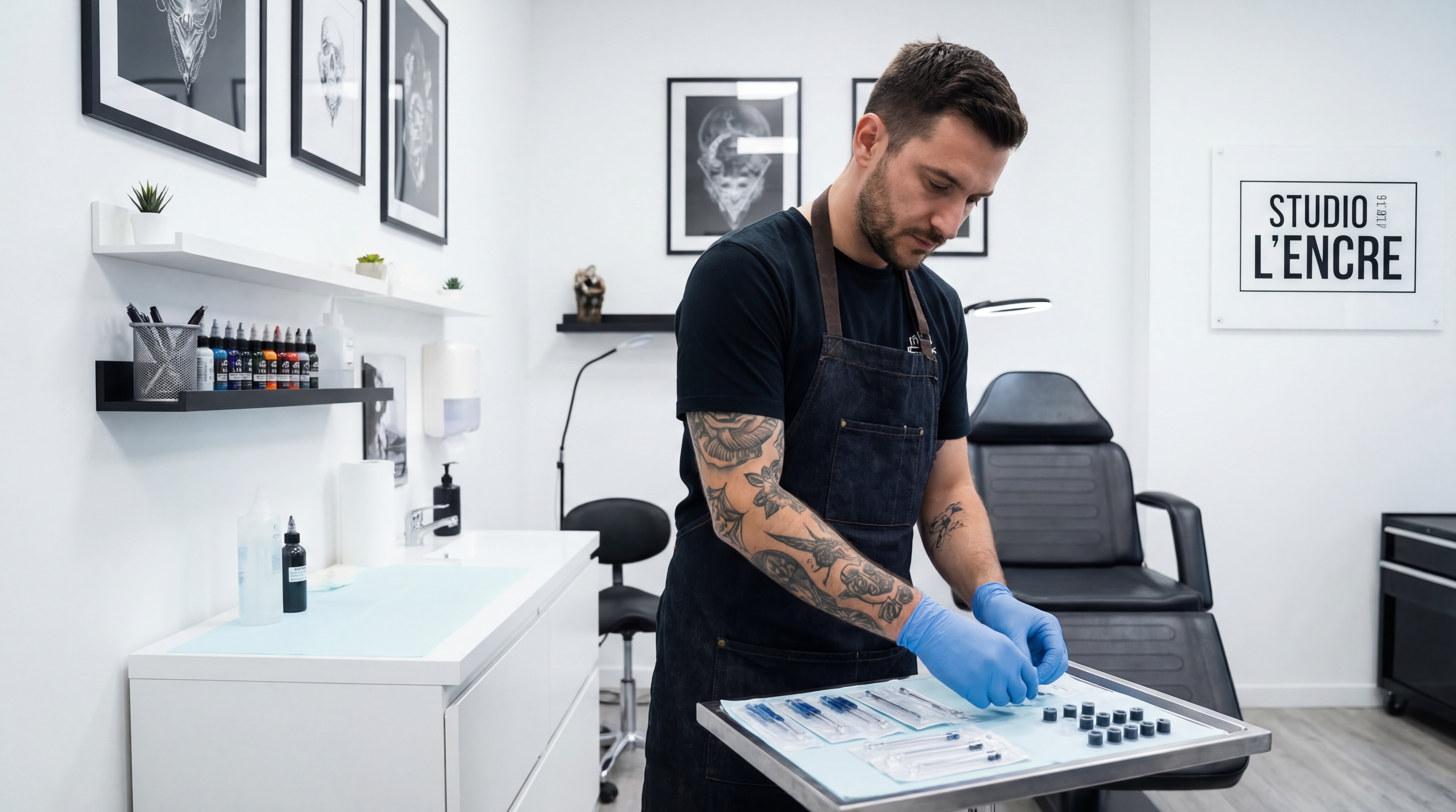 Tatoueur professionnel dans son salon, préparant son matériel stérile, environnement propre et organisé