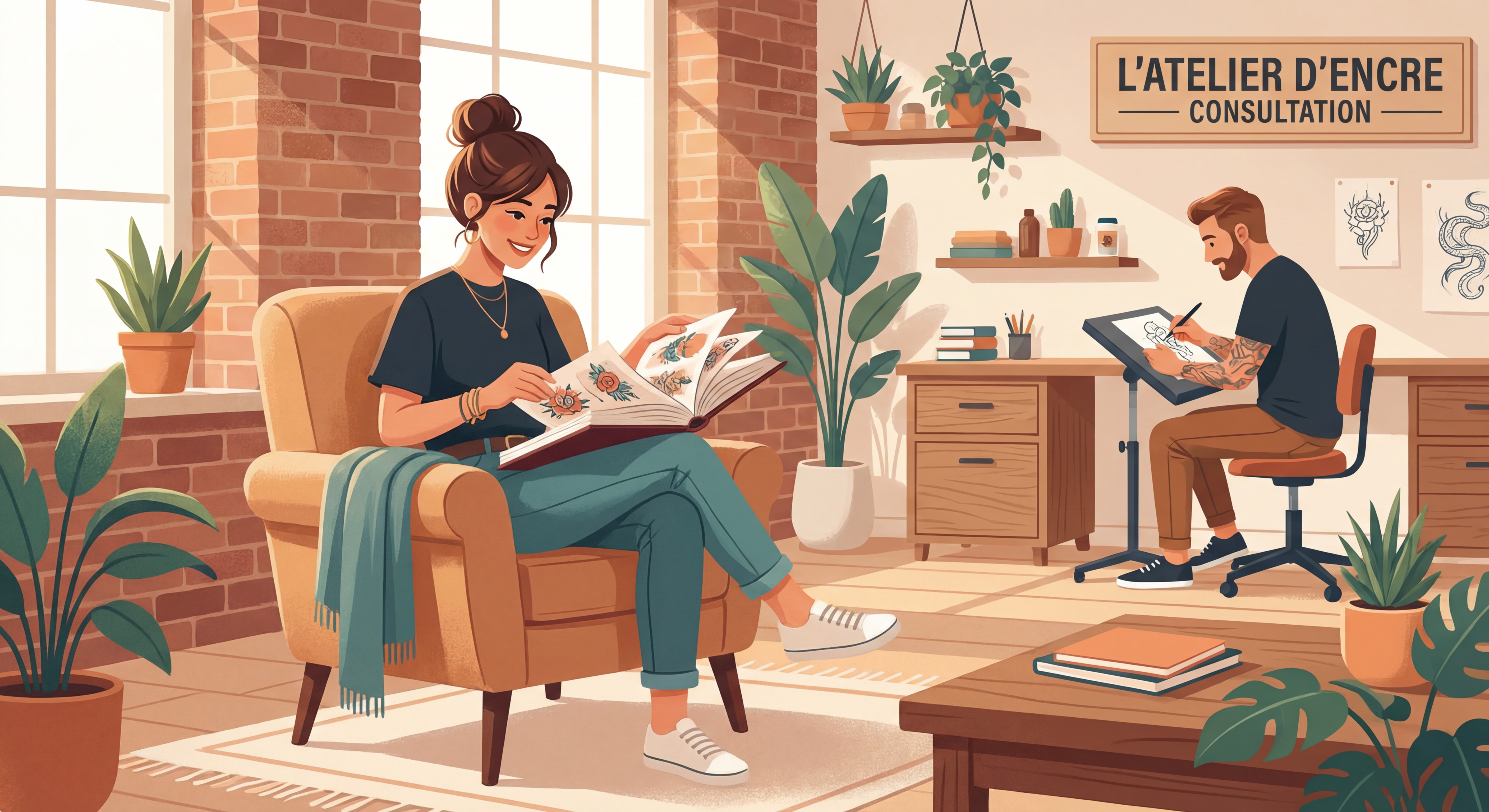 Personne consultant un catalogue de tatouages dans un salon professionnel, ambiance chaleureuse et rassurante