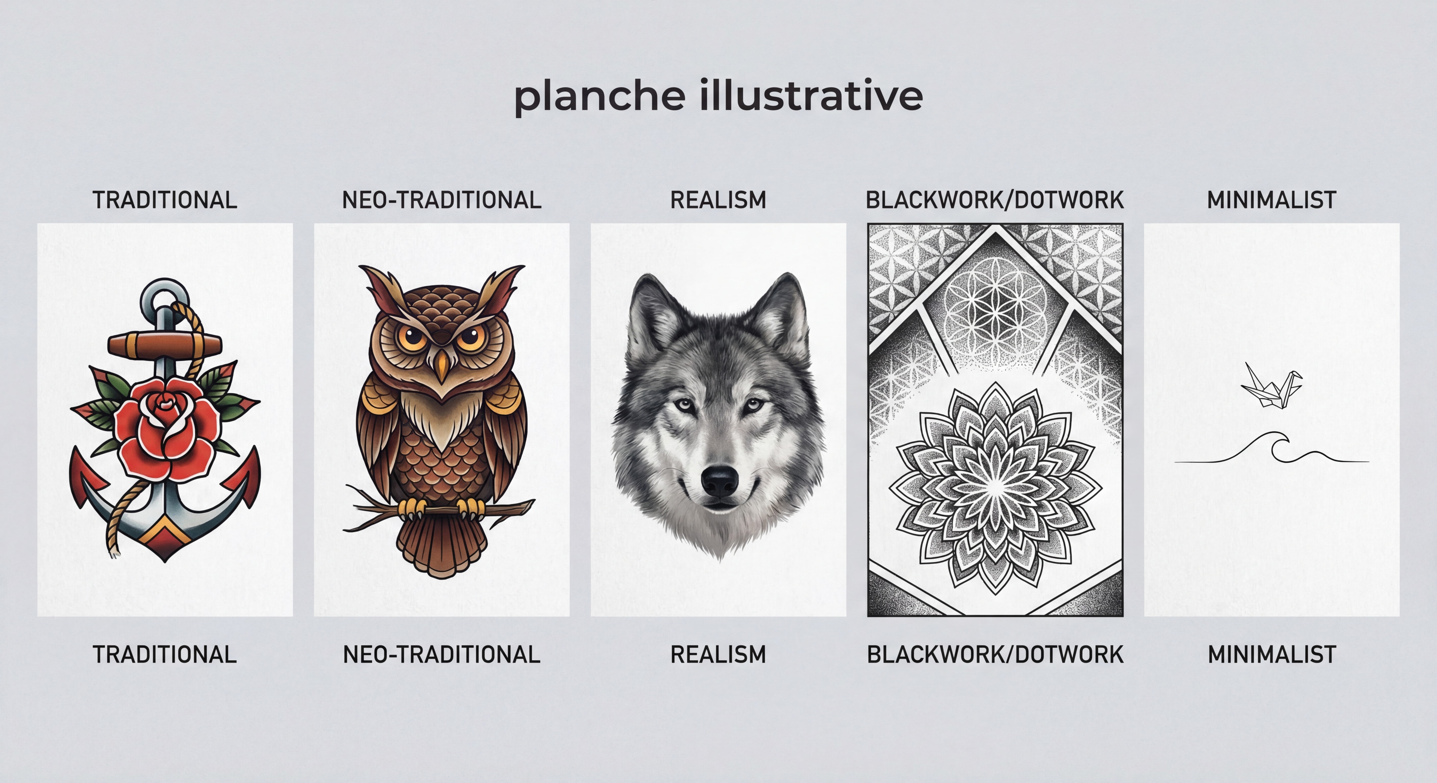 Planche illustrative montrant différents styles de tatouage côte à côte, du traditionnel au minimaliste