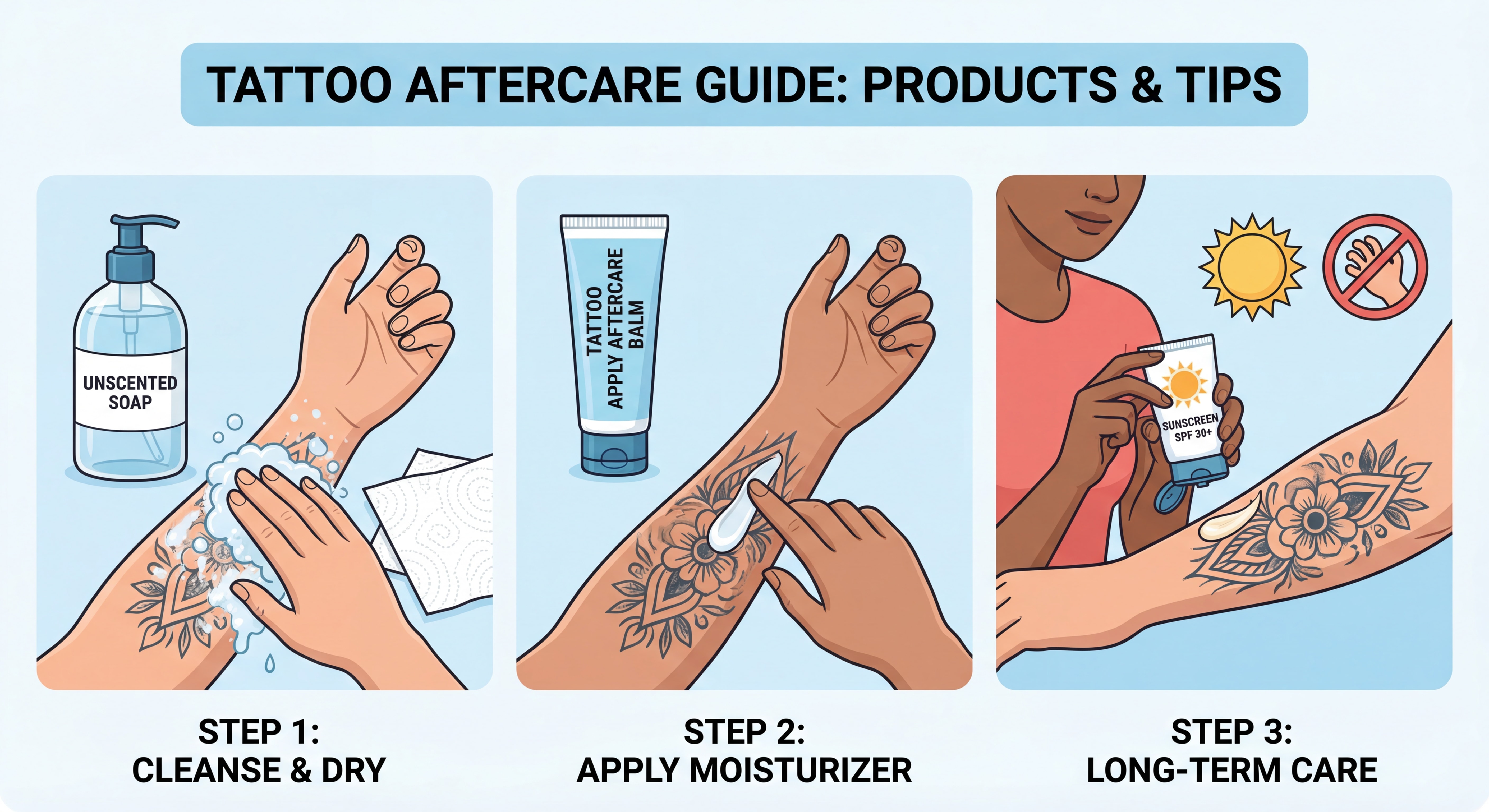 Illustration des étapes de soin d'un tatouage, produits recommandés et gestes à adopter