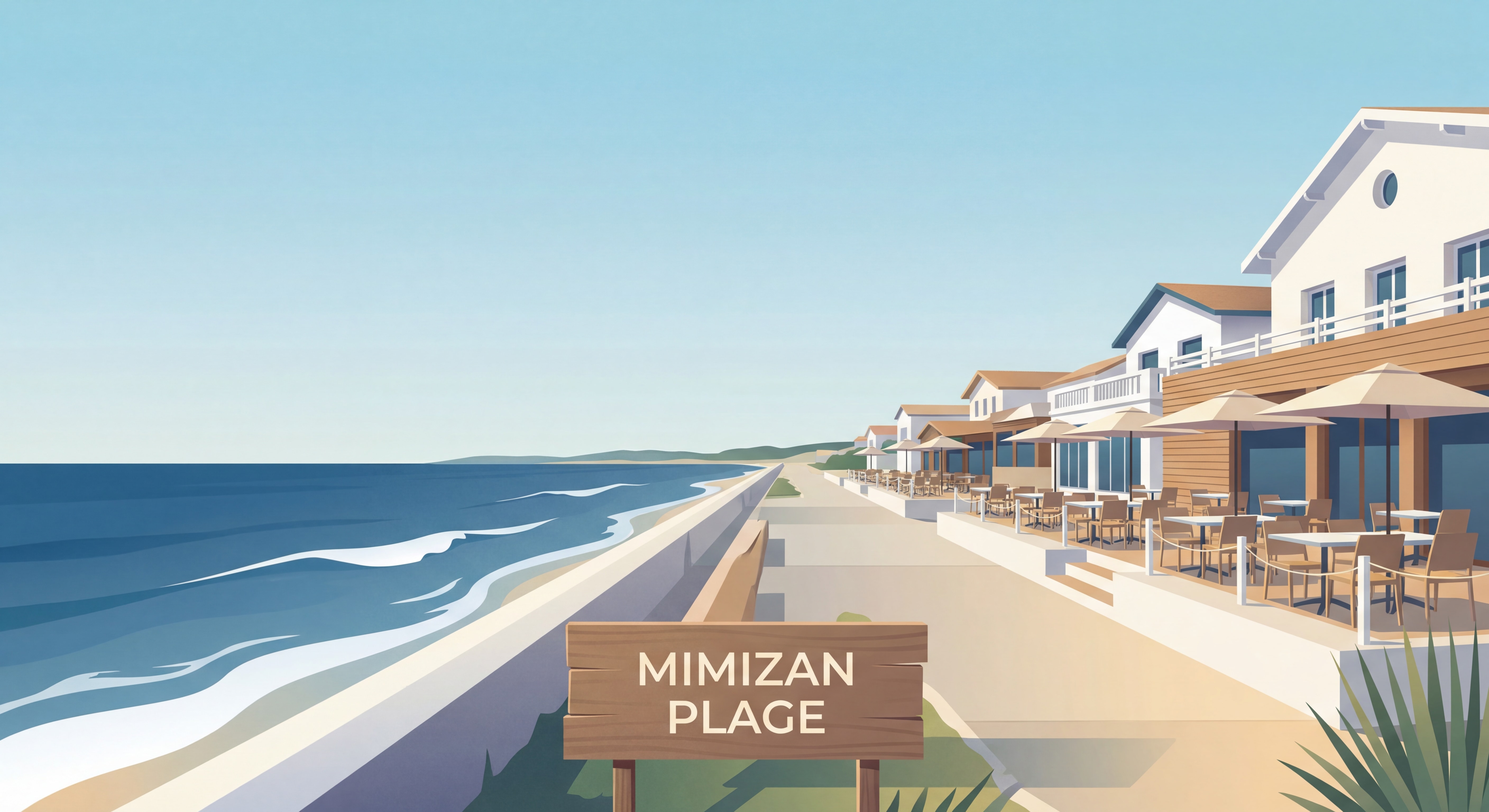 Vue panoramique du front de mer de Mimizan avec restaurants et terrasses face à l'océan Atlantique