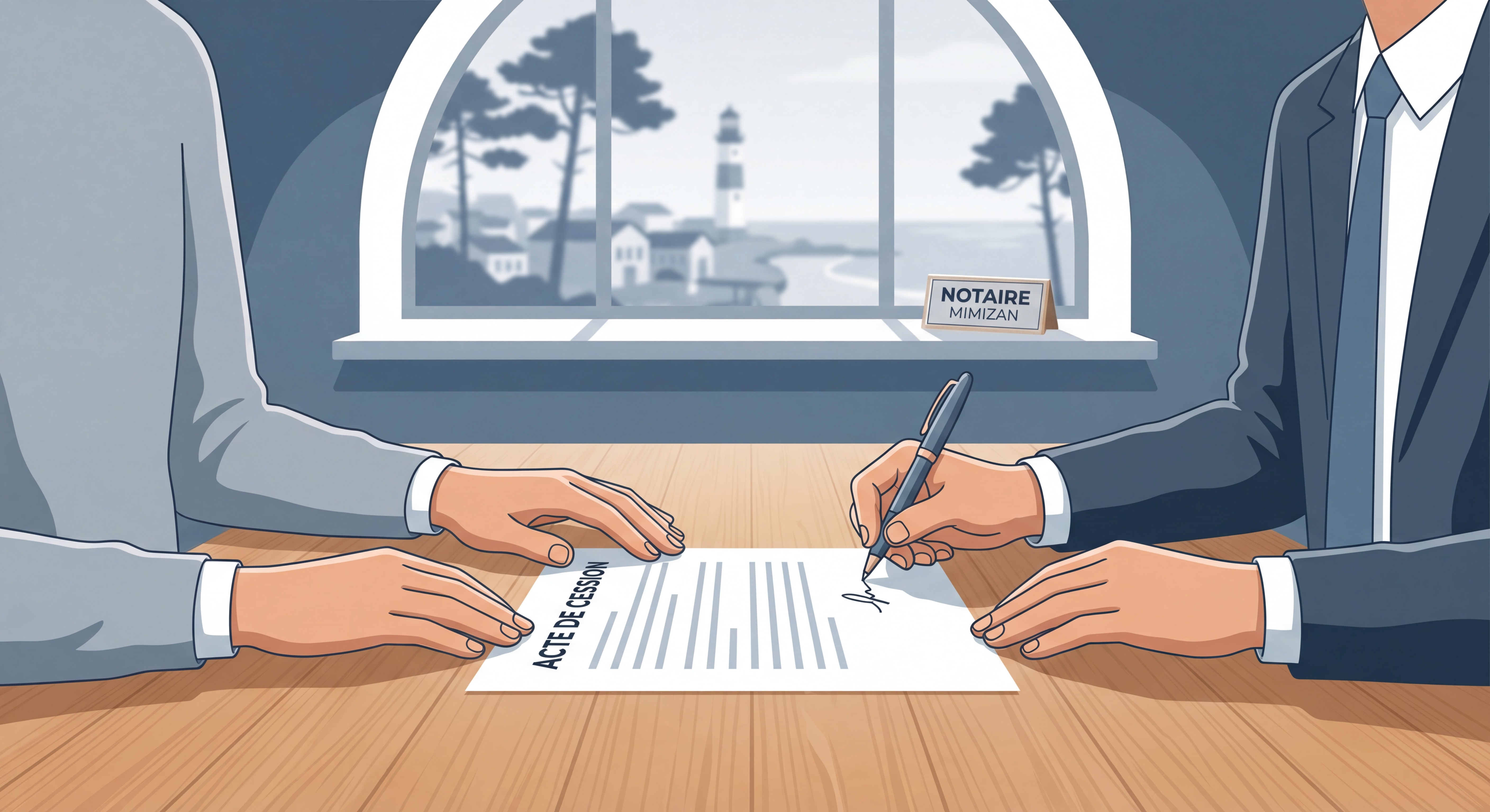 Signature d'un acte de cession de fonds de commerce chez le notaire à Mimizan
