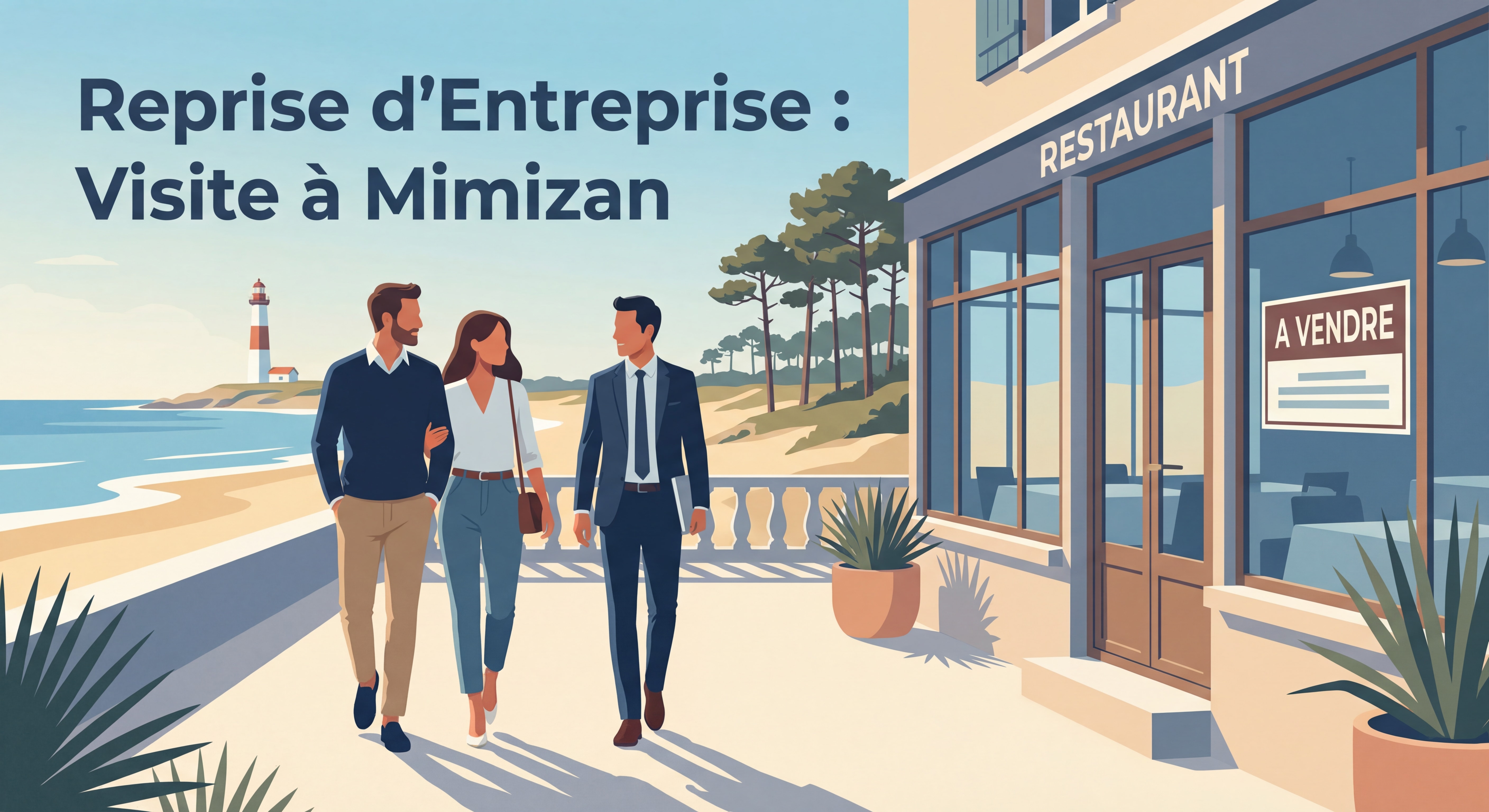 Couple de repreneurs visitant un restaurant en bord de mer à Mimizan avec un conseiller immobilier