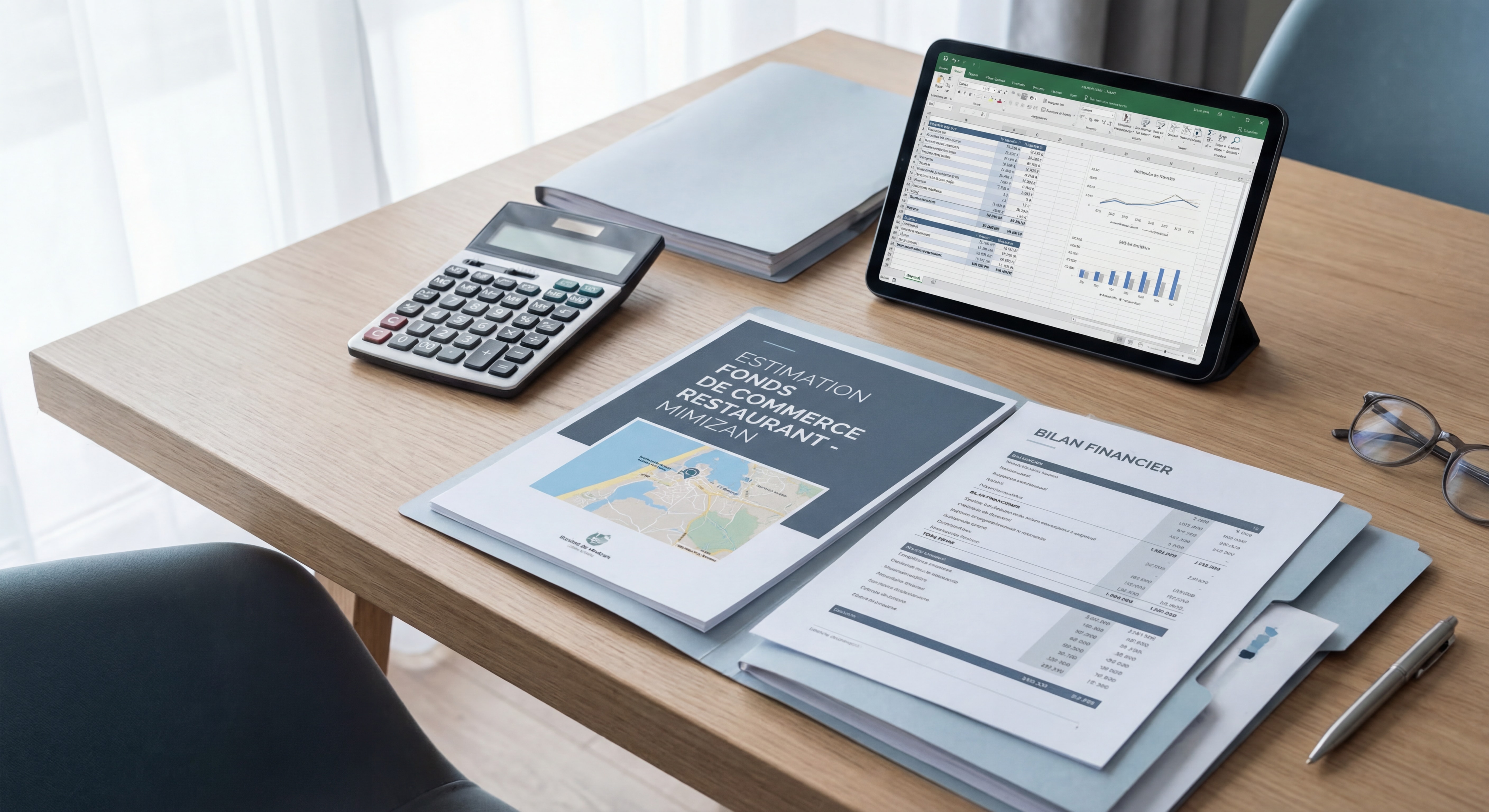 Calculatrice et documents financiers pour l'estimation d'un fonds de commerce de restaurant à Mimizan