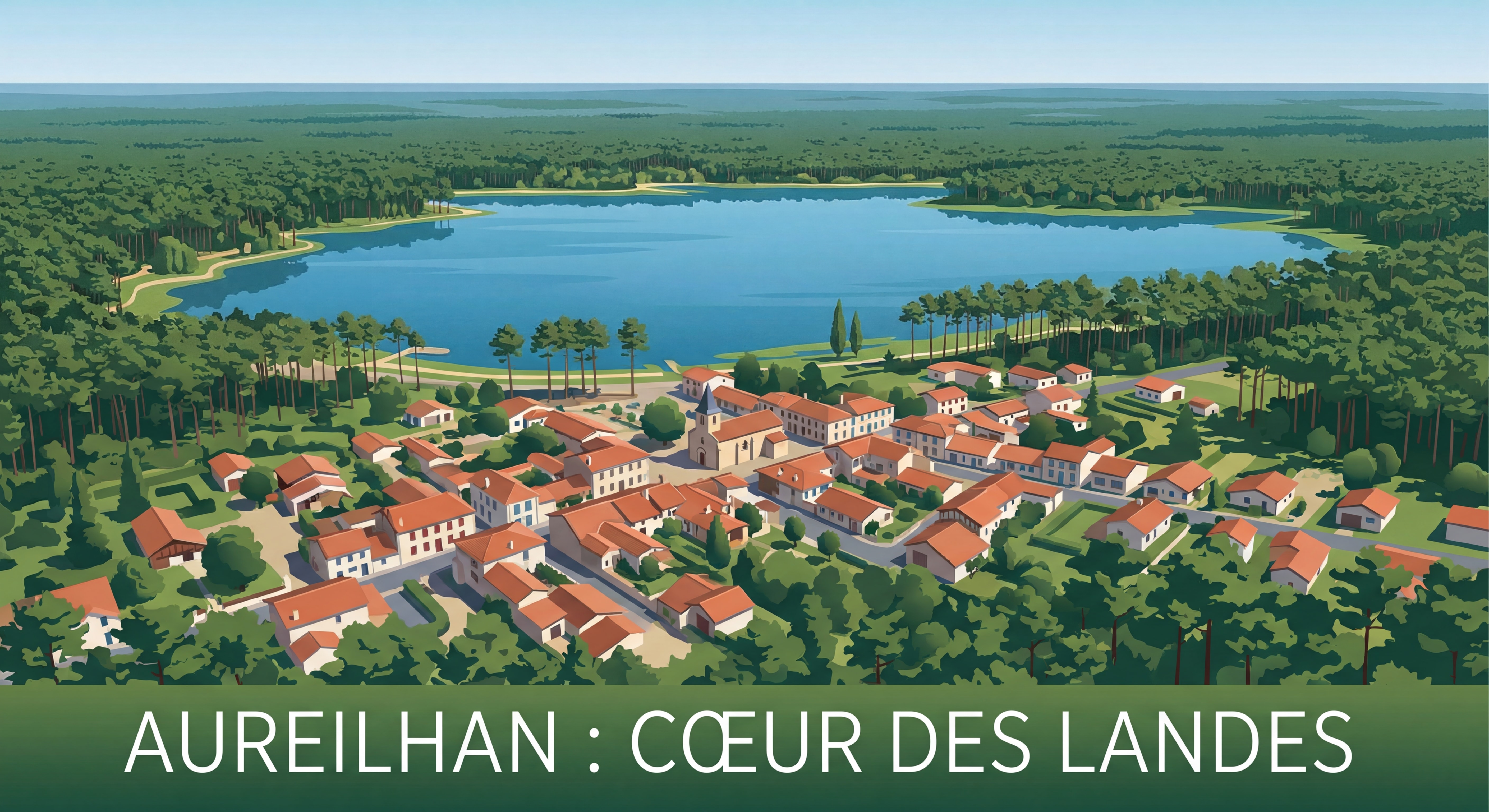 Vue aérienne d'Aureilhan avec le lac d'Aureilhan et la forêt landaise environnante, village authentique des Landes