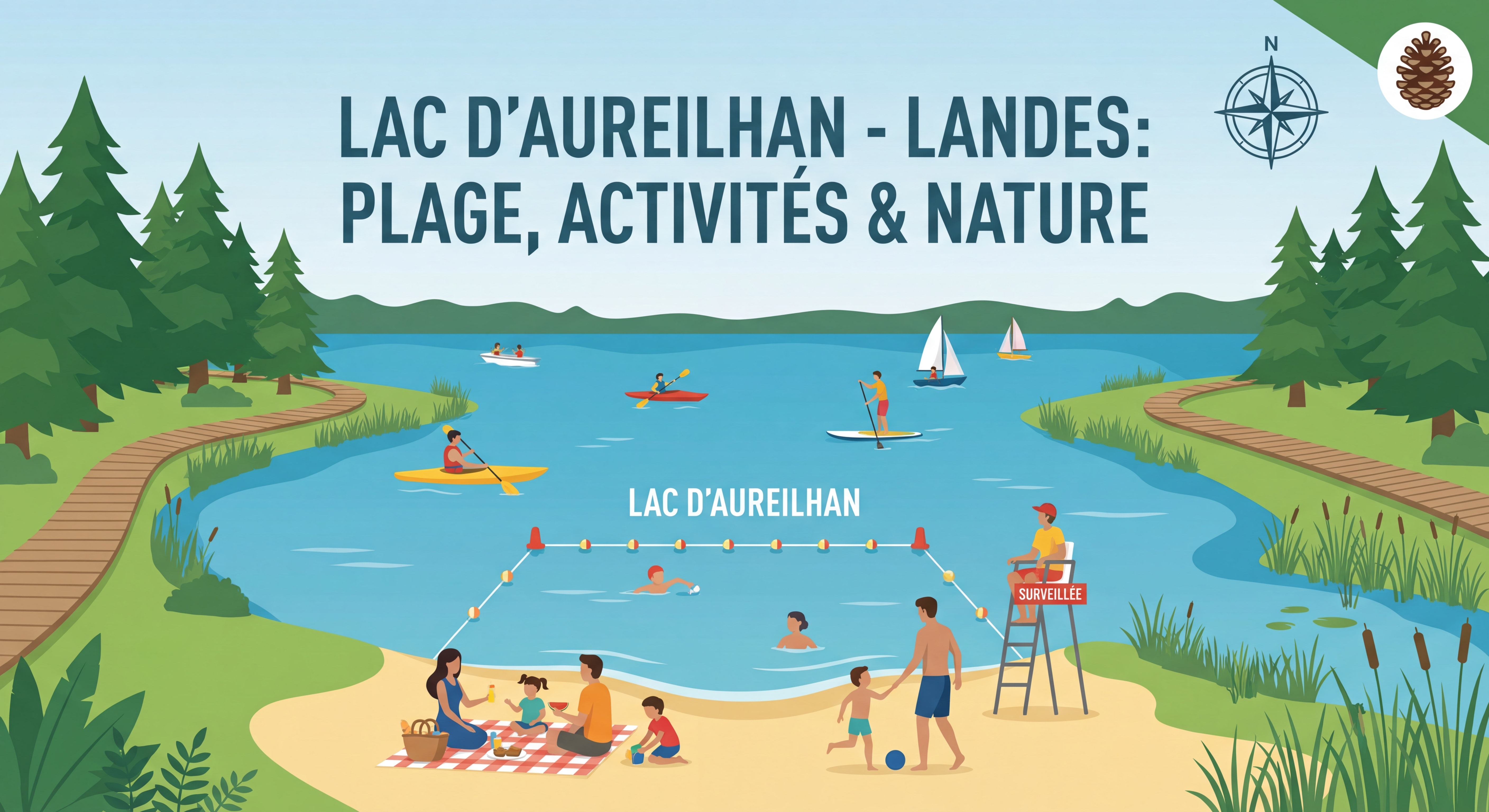 Lac d'Aureilhan avec plage surveillée, activités nautiques et nature préservée, destination familiale dans les Landes
