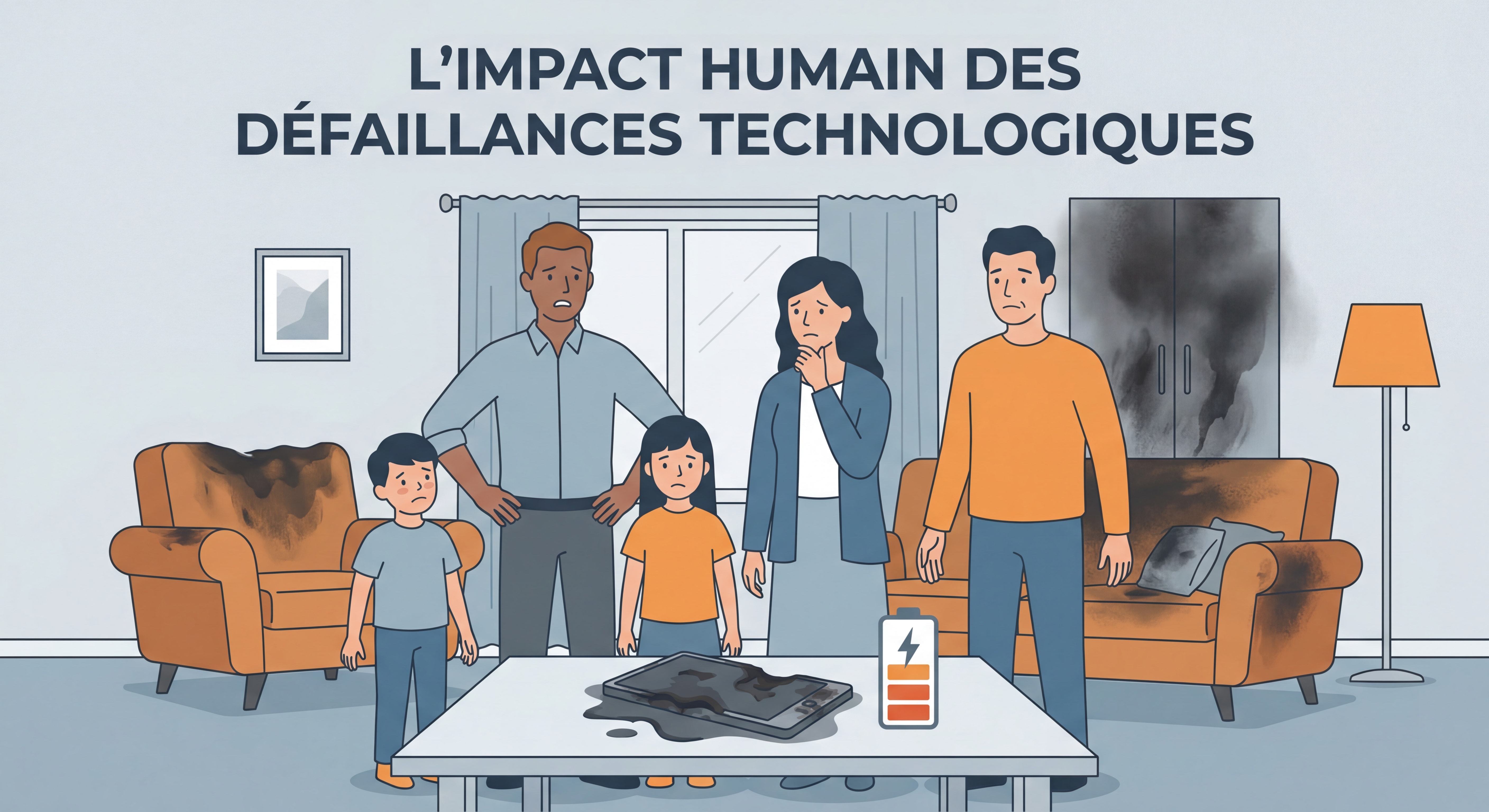 Famille regardant avec inquiétude les dégâts d'un incendie domestique causé par une batterie lithium, symbolisant l'impact humain des défaillances technologiques