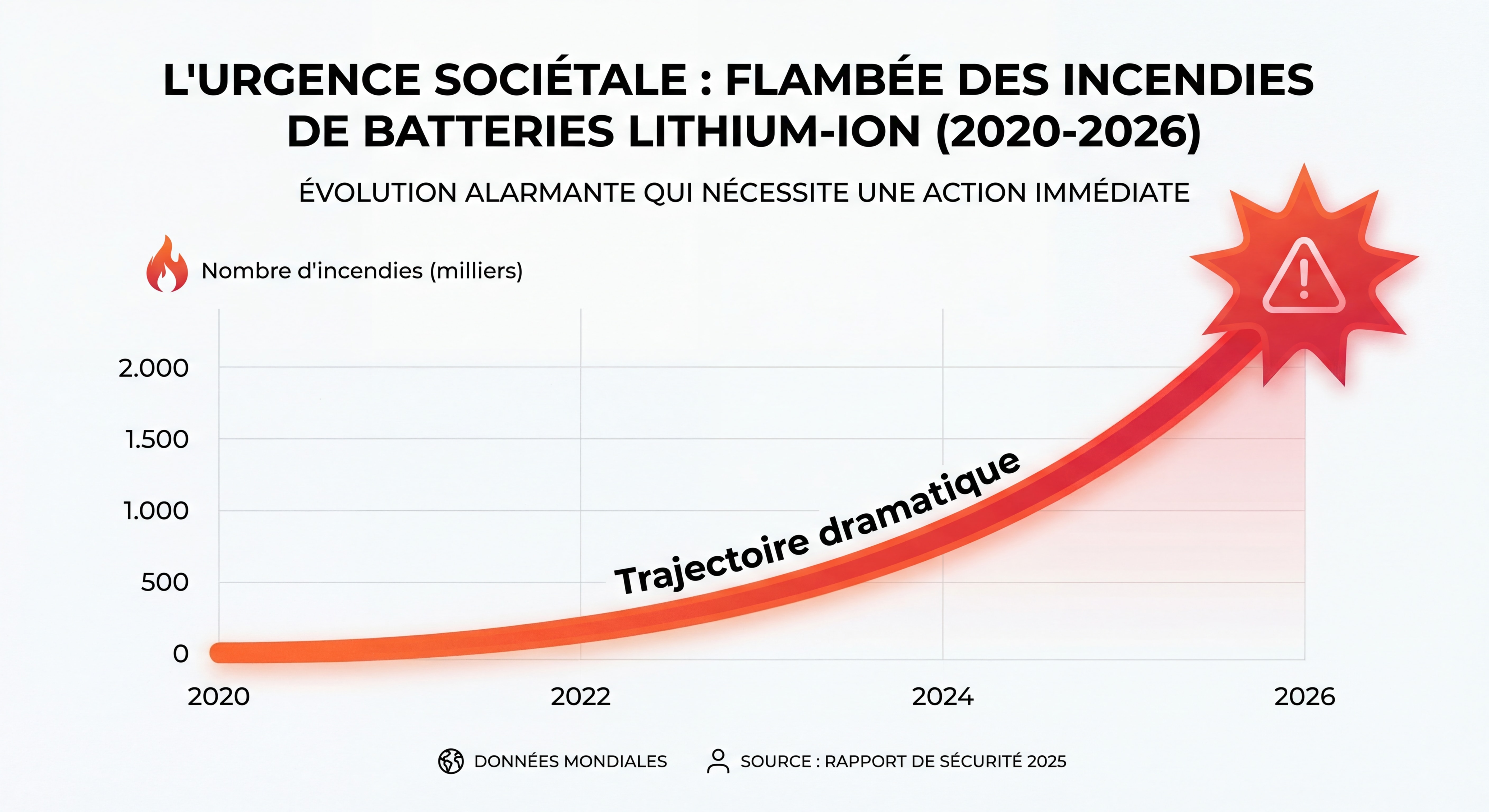 Graphique montrant l'évolution croissante des incendies de batteries lithium-ion de 2020 à 2026 avec courbe ascendante dramatique, illustrant l'urgence sociétale